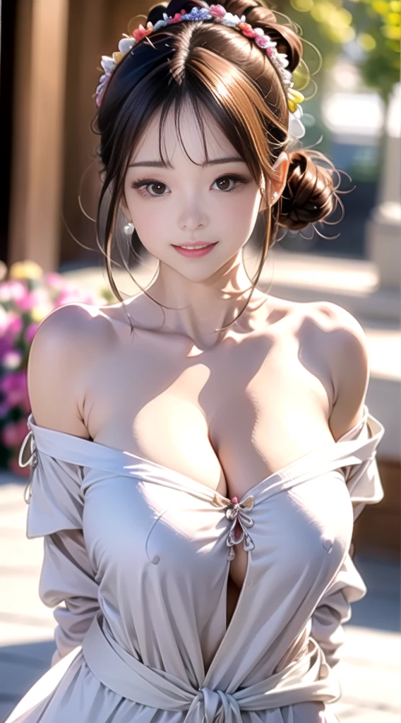 (masutepiece: 1.3), (max resolution: 1.2), (Ultra HDTV: 1.2), cinematric light, 8K resolution, Detailed eyes and skin, detailed facial features, Perfect limbs、Perfect fingers、Anatomically accurate body, Fingers in natural shape, Realistic texture, (Focus on upper body:1.2), Perfect Style, (Beautiful face, Clear, cute, beautiful eyes), acurate, Anatomically correct, Highly detailed facial and skin texture, Double eyelids, Thin eyebrows, Glitter Eyeliner, Natural cheeks, Glossy skin, Fair skin:1.2, (Glossy lips: 1.2),  (#Slim waist), Full body like:1.6, (Firm chest, huge udder:1.2), (JINS, white fluffy off-shoulder shirt:1.2), (squat down and look at you:1.3), slightly chestnut hair, innocent smiles,