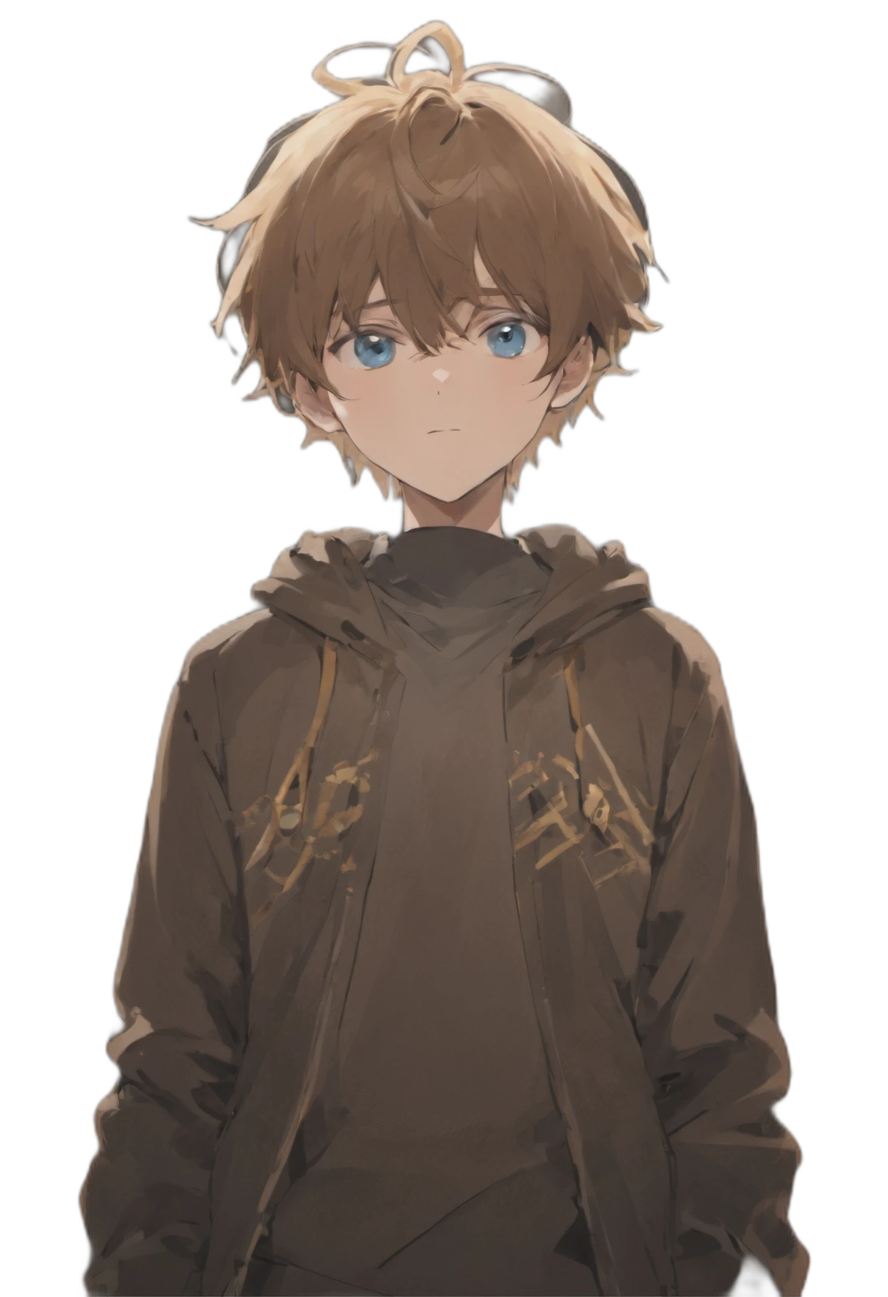 anime boy with blue eyes and brown hair dressed casually standing straight with a pure black backround have him standing facing straight at the camera