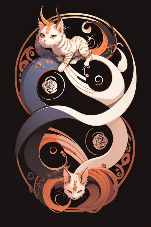 line art A dragon circling yin yang with a rose a cat and a ox
