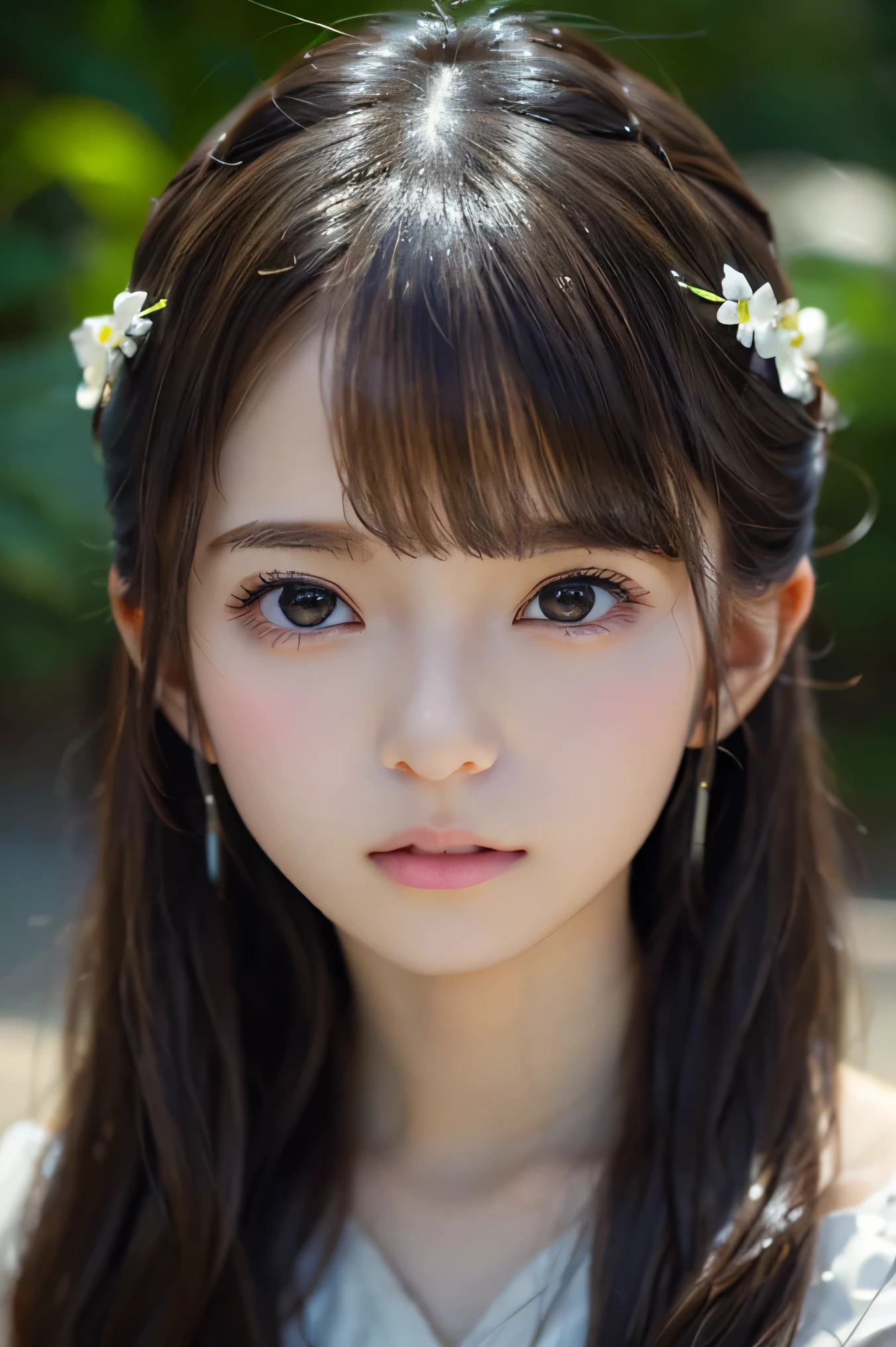 Image from chest up:1.6)、Close-up portrait of a woman wearing white off-shoulder top dress and earrings, soft portrait shot 8 k, lovely delicate face, high-quality 4k portrait, high quality portrait, soft flawless pale skin, 8K highly detailed face, なBeautiful fece繊細な顔, Beautiful fece光の大きな目, beautiful and realistic faces, Beautiful fece14Year old woman, beautiful and realistic faces, cute little14Year old woman