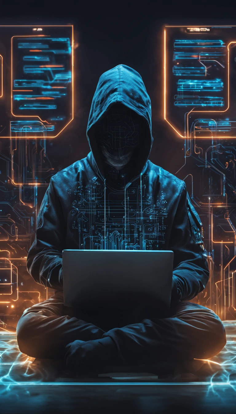Un hacker est assis à dos, avec des écrans de devant lui. Des néons illuminent la pièce, créant une ambiance sombre avec de légères traces de fumée. Des reflets des néons se dessinent sur les murs. Cybercrime, cyberspace, cyberpunk, cryptography. Smoke effect