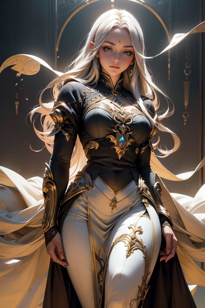 black skin woman in a gold blue-grey dress, blue-grey eyes, flying, full black body, super long white hair, slim toned black body, Vest line, long hair flowing, Surrounded by light quality jewelry, accessories, detailed fantasy art, stunning character art, fan art best art station, epic exquisite character art, beautiful armor, extremely detailed art germ, detailed digital anime art, art germ on art station pixie, armor girl, Masterpiece, best quality, super high resolution, fluorescent color, looking at the audience, beautiful face, beautiful eyecare shoulder