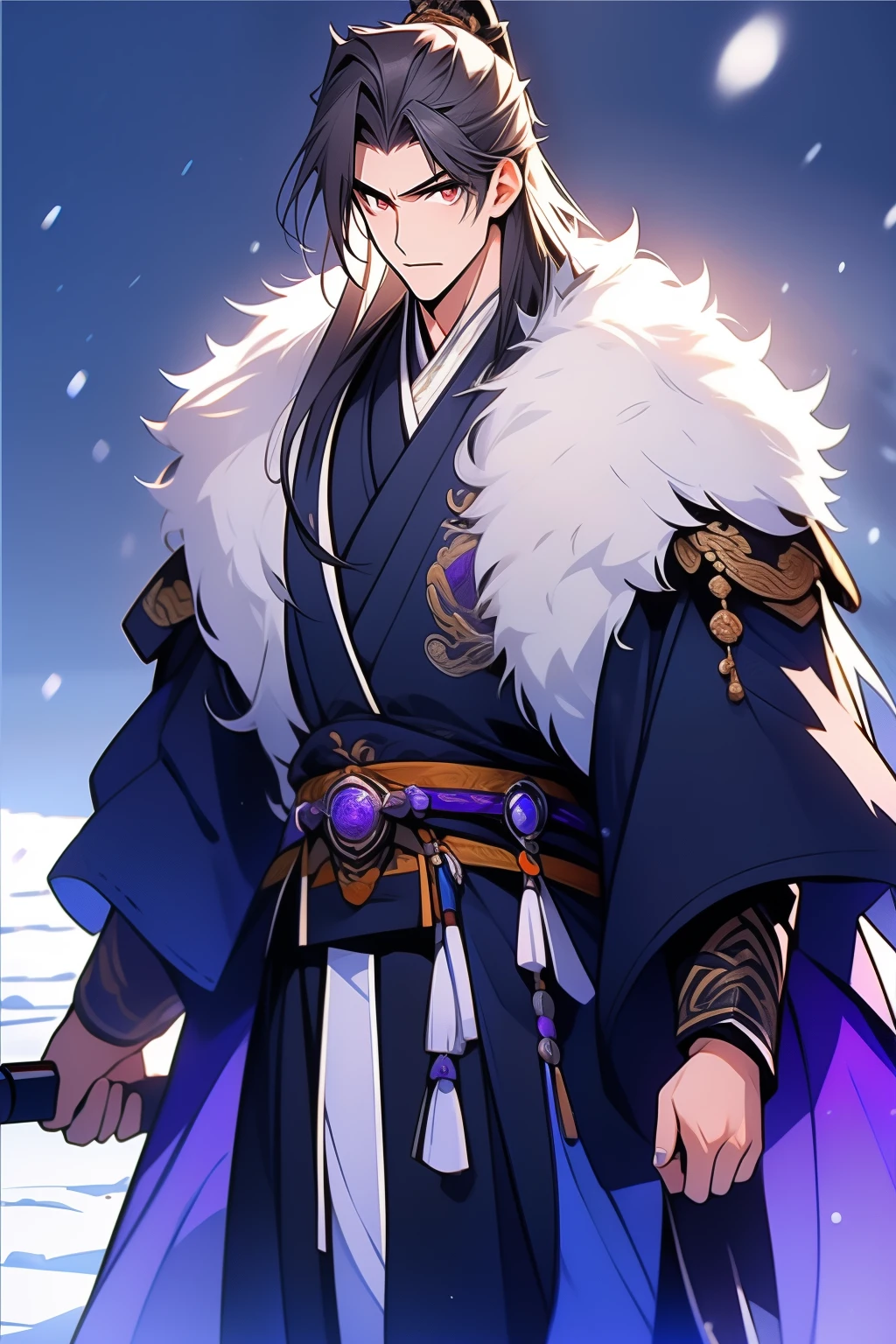 Messy White Hair , Orange eyes , purple martial arts uniform , Snowy background , Snowy wasteland background, Martial arts costumes , 1male people , Complicated details , perfect generation , male people , Muscular , poncho