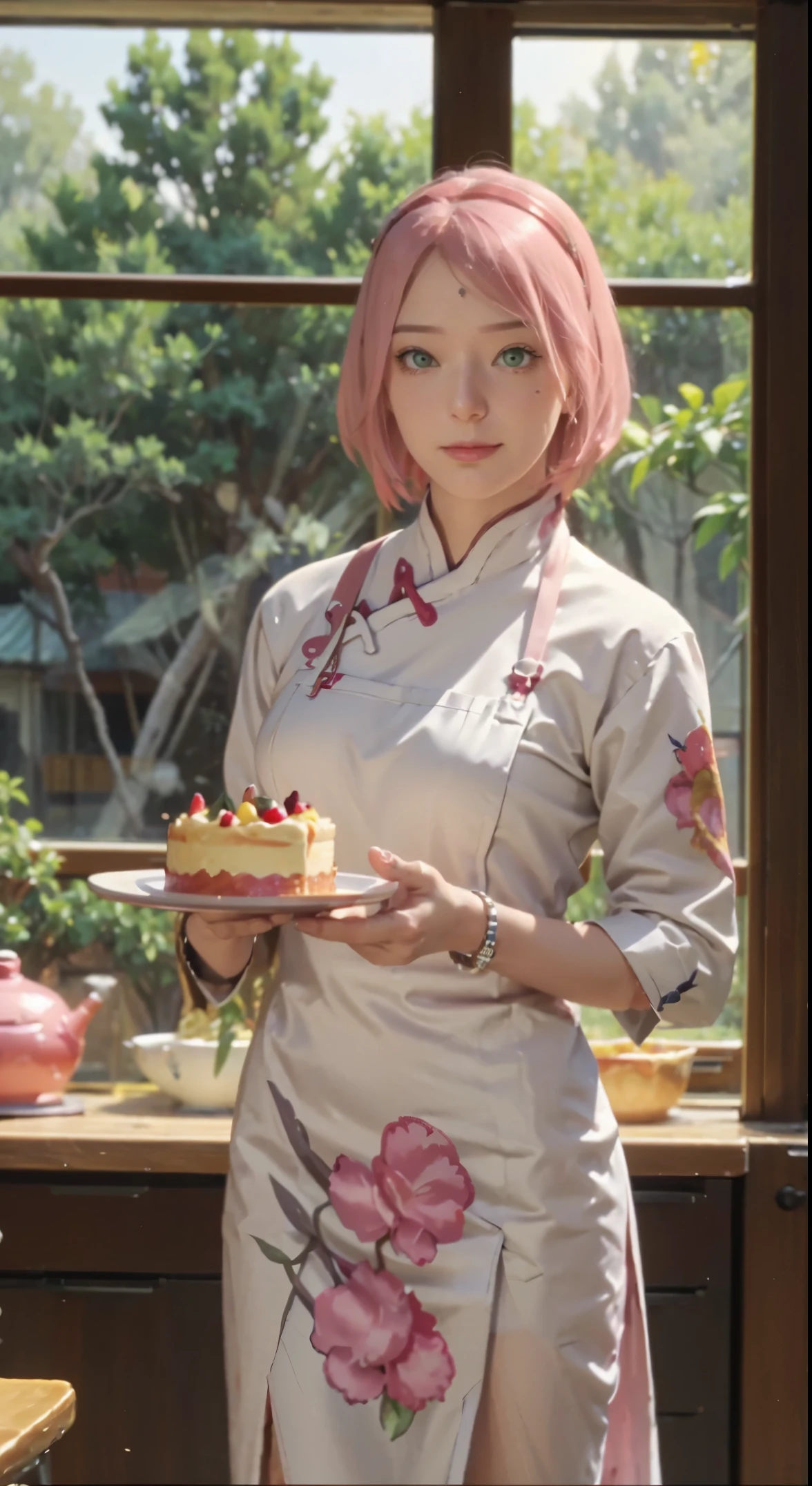 Beautiful cake chef girl，pink hair and green eyes Stand in front of the table, I just made a big cream cake，The cream cake is very detailed and realistic，（（Detailed cakes）），The right proportions，Hanfu girl，happy laughing，（Chinese mythological themes）the fruits , Chocolate chips, Cupcakes, Caramel syrup, apples,warm colored light，Ray traching，Very detailed，Works of masters，cream-colored，Very high pixeltremely high pixels，8K, yes，of a real，Realistic，Warm kitchen background，There are laurel trees planted outside the window