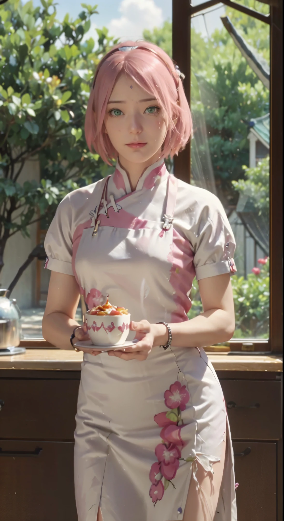 Beautiful cake chef girl,pink hair and green eyes Stand in front of the table, I just made a big cream cake,The cream cake is very detailed and realistic,((Detailed cakes)),The right proportions,Hanfu girl,happy laughing,(Chinese mythological themes)the fruits , Chocolate chips, Cupcakes, Caramel syrup, apples,warm colored light,Ray traching,Very detailed,Works of masters,cream-colored,Very high pixeltremely high pixels,8K, yes,of a real,Realistic,Warm kitchen background,There are laurel trees planted outside the window