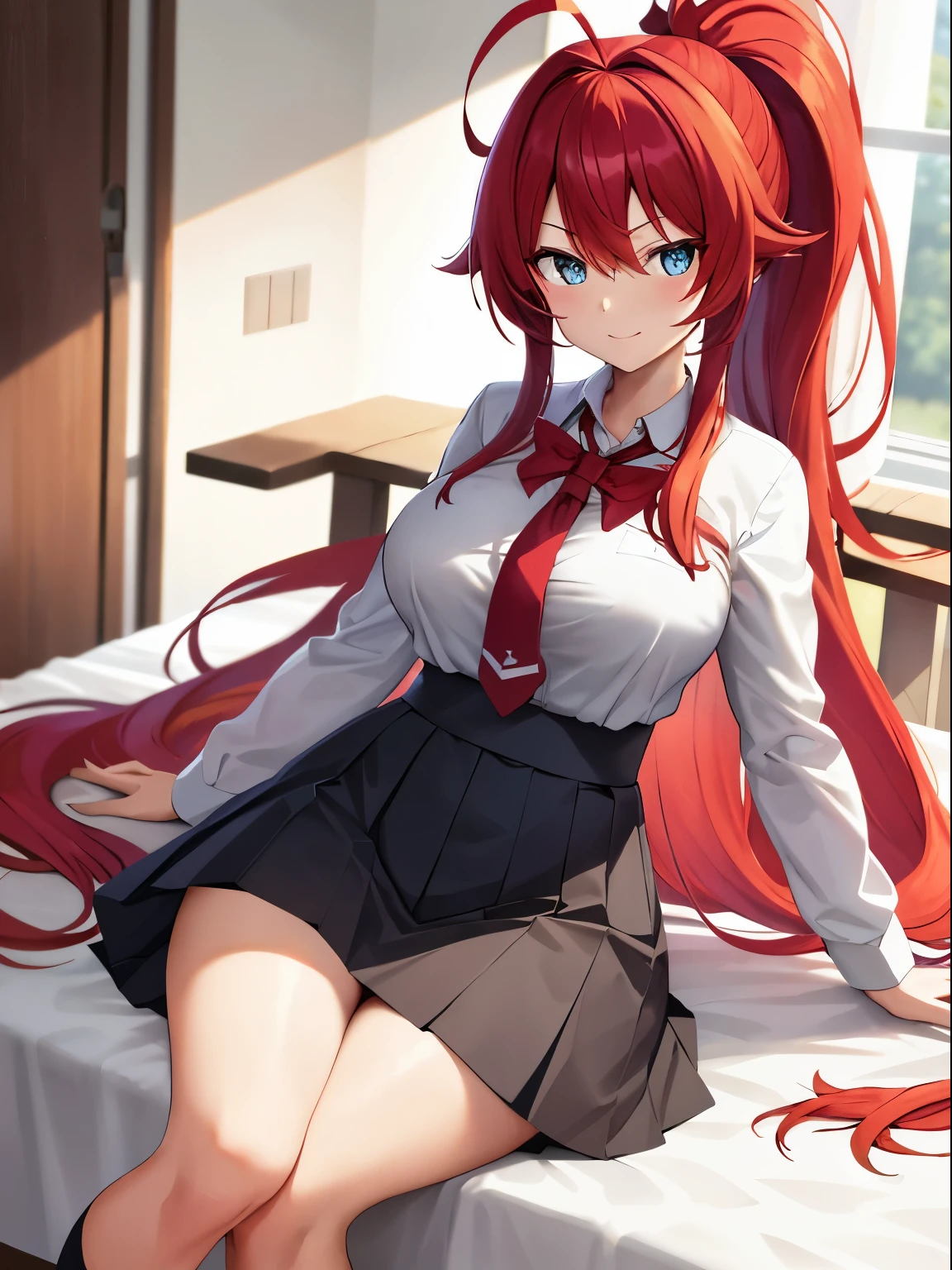 masterpiece, best quality, highres, best quality, highres, rias gremory, 1girl, long hair, school uniform, red hair, ahoge, blue eyes, large breasts, long hair, breasts, skirt, ahoge, high ponytail, short sleeves, white shirt, collared shirt, socks,