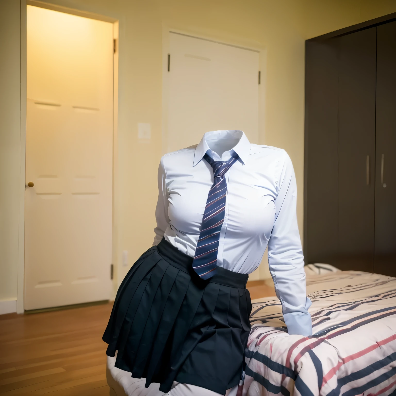 school uniforms on the bed:14 , (school uniforms on hangers swells as if worn by invisible girl), ((invisible, no humans:1.5, headless:1.5, handless, legless)), big breasts, 
(8k, RAW photo, best quality, masterpiece:1.2), (realistic, photo-realistic:1.37),photon mapping, radiosity, ((Hasselblad photography)),physically-based rendering,