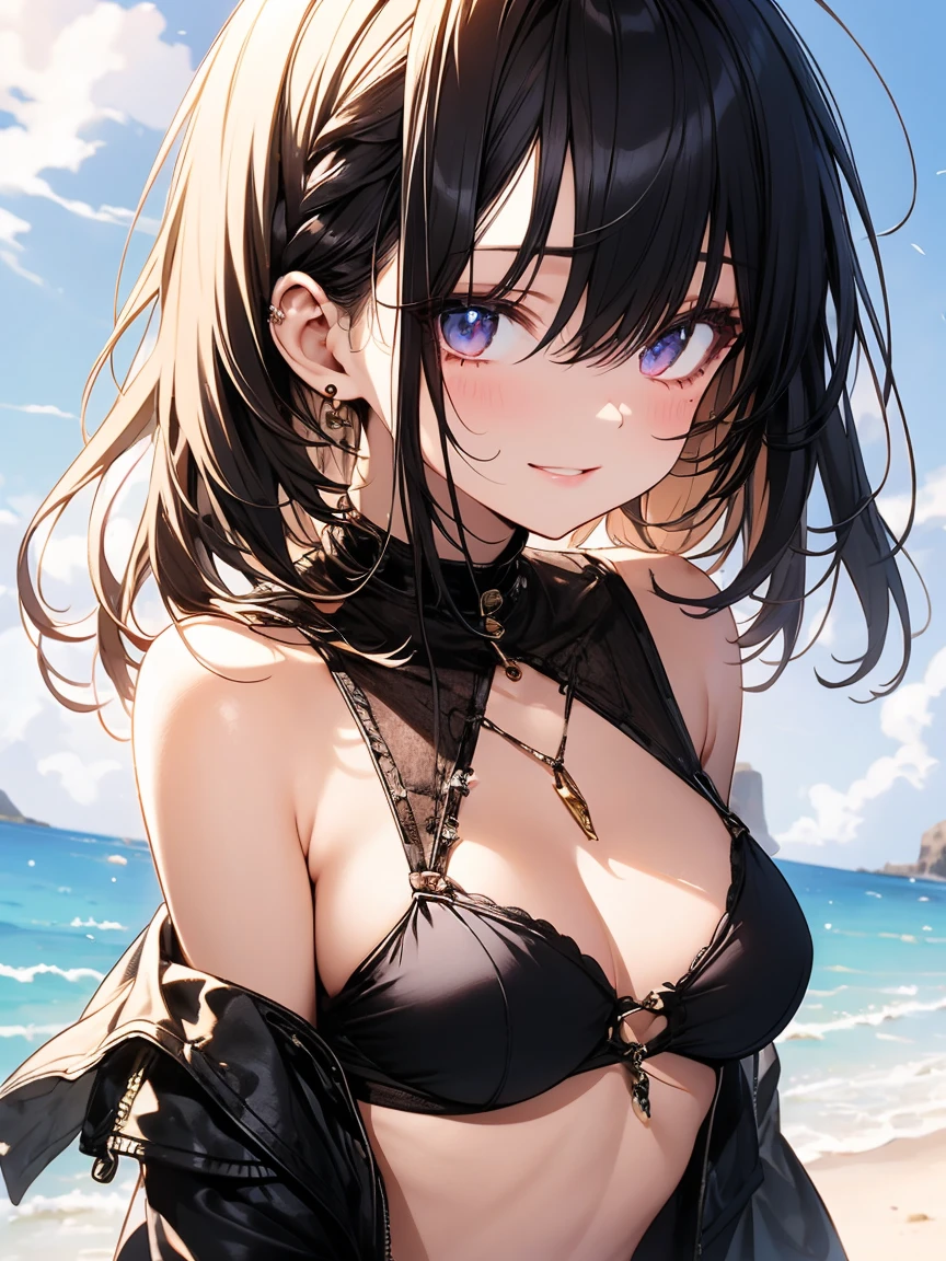 masterpiece, absurdres, best quality, ultra detailed, high Resolution, detailed illustration, extremely beautiful detailed face and eyes, bright colour, 1girl, (), cute face, Delicate beautiful face, magenta eyes, cute eyes, sparkling eyes, big eyes, medium breasts, (perky breasts:1.1), (pointy breasts:1.1), medium hips, glamorous body, white skin, smile, BREAK, long bob cut, (blonde hair:0.8), messy hair, detailed hair, shiny hair, BREAK nsfw, tiny ribbon, bikini, at beach, real world, natural lights, perfect lighting,
