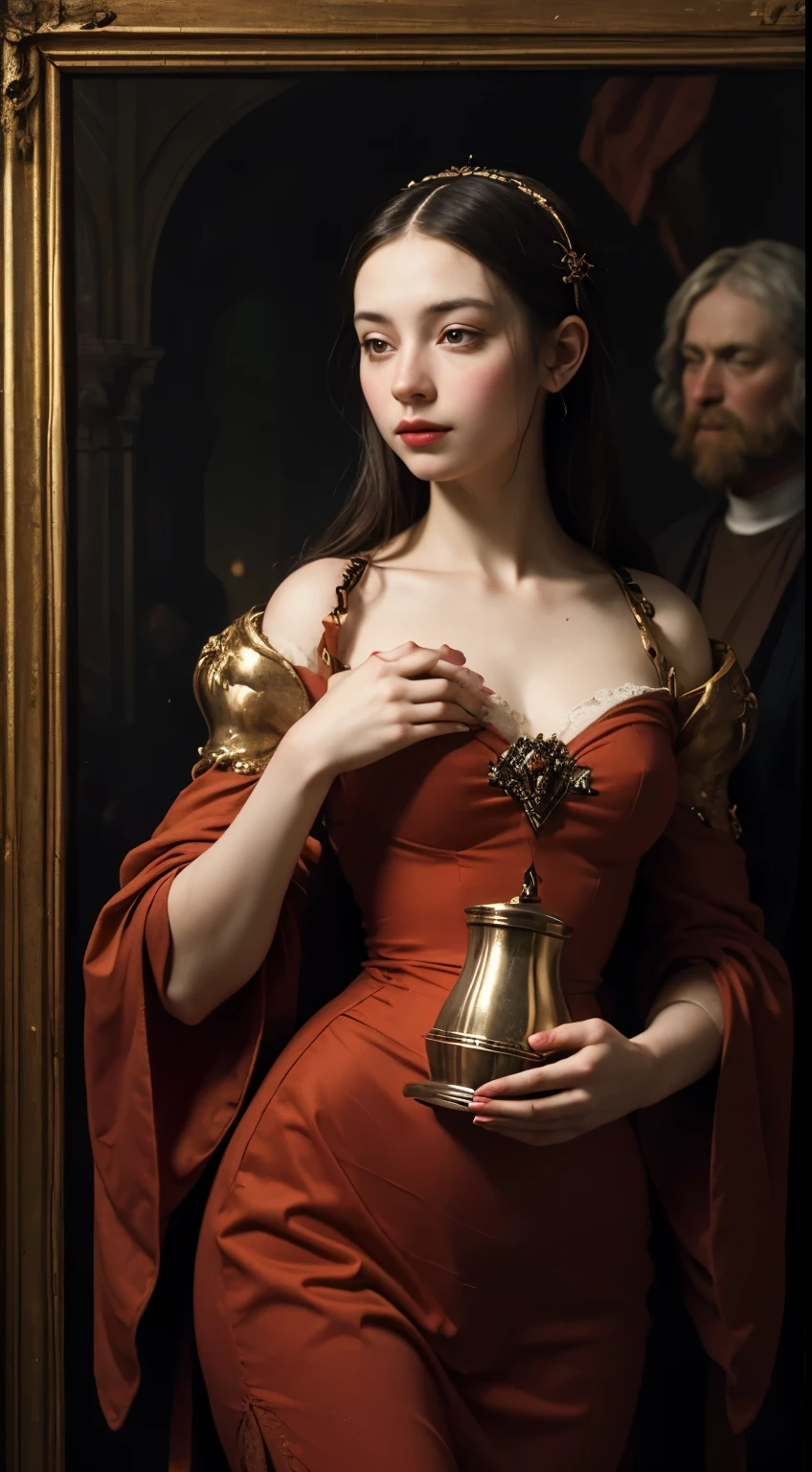 Witch, sorceress, holding a holy chalice in one hand and crossing her fingers with the other, Renaissance style art inspired by Baroque art with traces of Dark Fantasy