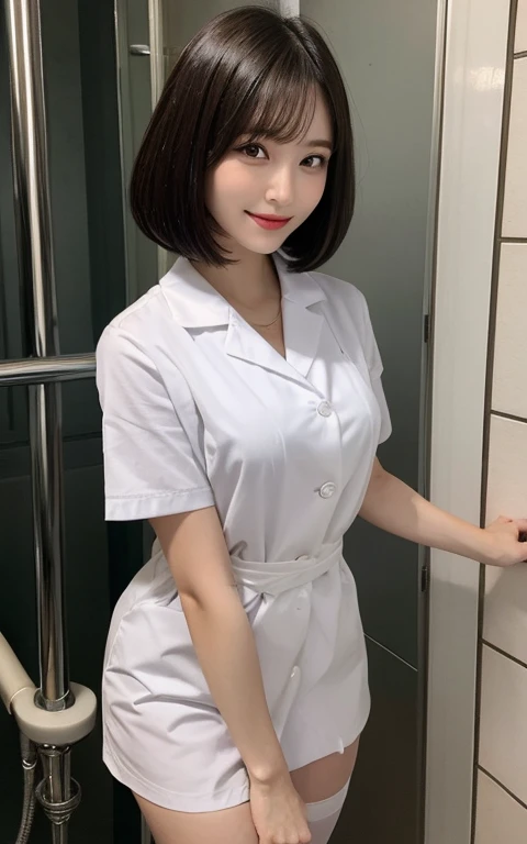 masutepiece, Best Quality, Illustration, Ultra-detailed, finely detail, hight resolution, 8K Wallpaper, Perfect dynamic composition, Beautiful detailed eyes, White Nurse Jacket, mid-chest, Natural Color Lip, Random and sexy poses,Smile,20 years girl　giant titanium room、I have a shower head、Water is flowing from the shower、White nurse cap、Black sheer body stockings、White pants,(bob cut)