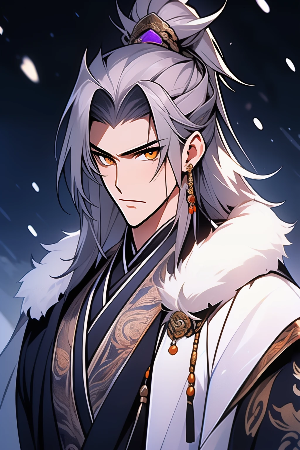 Messy White Hair , Orange eyes , purple martial arts uniform , Snowy background , Snowy wasteland background, Martial arts costumes , 1male people , Complicated details , perfect generation , male people , musculous , poncho，portrait of upper body，