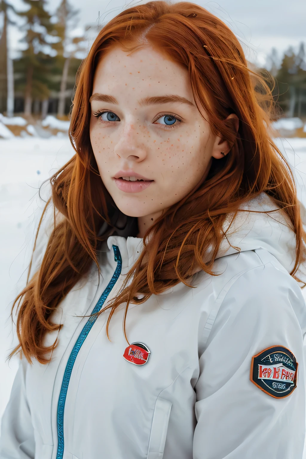 a woman with long red hair snowboarding with a thick coat, looking in the distance, ginger hair with freckles, red hair and freckles, hint of freckles, very light freckles, woman with freckles, light cute freckles, elegant freckles, with freckles, light freckles, freckles, thin lustrous auburn hair, red hair and attractive features, cute freckles, ellie bamber, soft freckles, soft blue eyes.