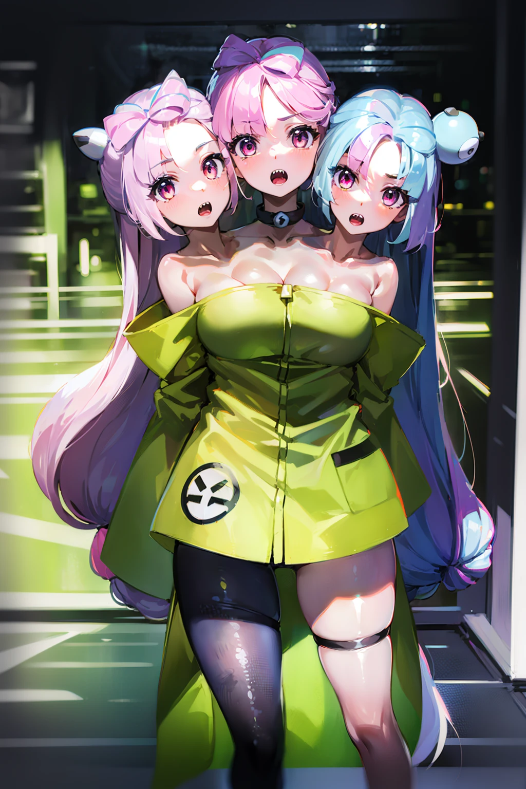 (3heads:1.5), pokemoniono, pokemon iono, blue hair, bow-shaped hair, character hair ornament, hair ornament, long hair, high ponytail long hair, multicolored hair, pink hair, sharp teeth, split-color hair, twintails, two-tone hair, (pink eyes:1.5), open mouth,
BREAK asymmetrical legwear, bell, bow-shaped hair, character hair ornament, hexagon print, oversized clothes, pantyhose, single leg pantyhose, split-color hair, short jacket, puffy collar jacket,
BREAK looking at viewer, upper body, full body, (cowboy shot:1.5),
BREAK (masterpiece:1.2), best quality, high resolution