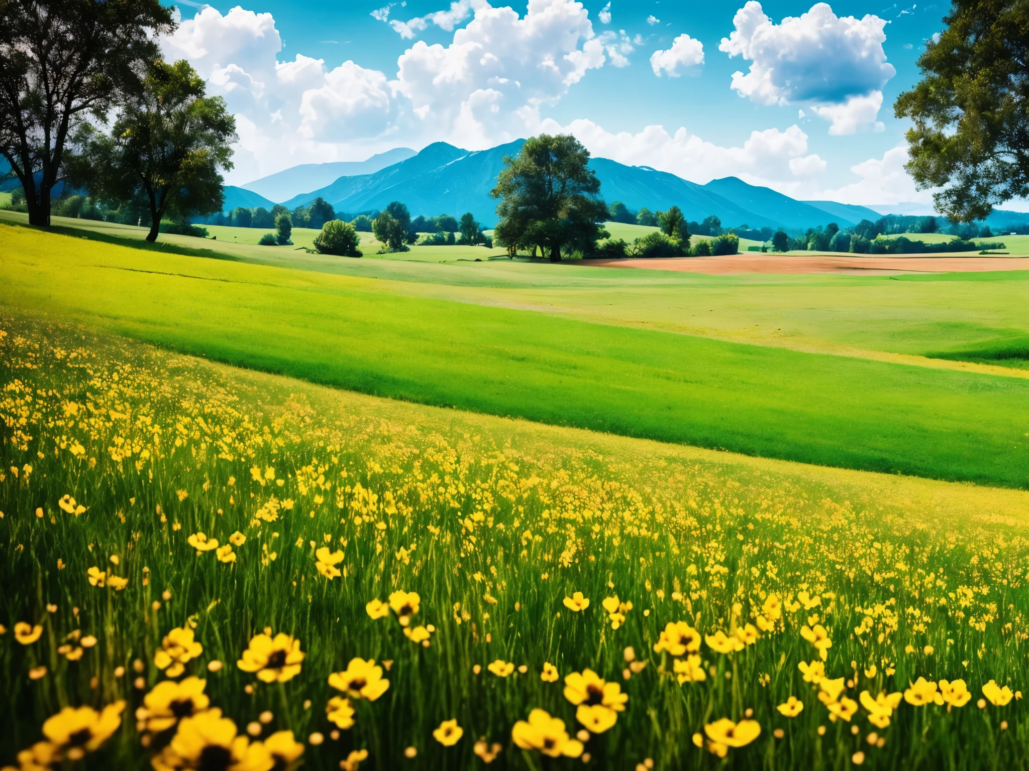 cinematic view, meadow scene, with flowers and exotic birds high quality