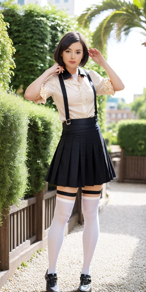 (collared shirt:1.6), scenery, white shirt, (white kneesocks:1.3), beautiful garden, detailed garden, window, garden, flowers, dynamic_pose, light_particles, 1girl, cowboy shot, solo, (white_hair, short_hair, green eyes):1.2, looking at viewer, (black pleated skirt, black suspenders:1.4), (beautiful small city, detailed small city, steampunk, many object),