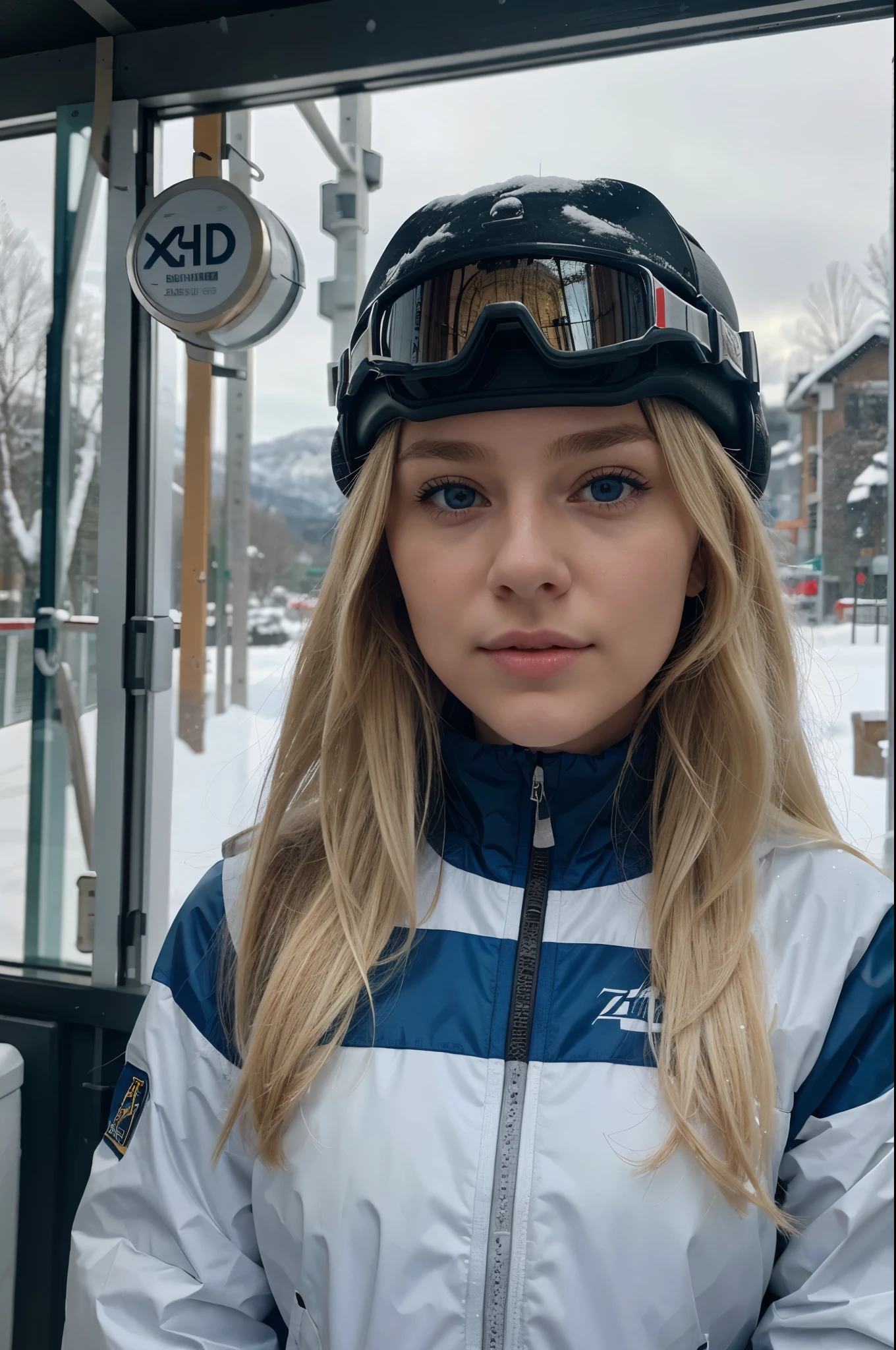 girl on ski at the mountain on a snowy day, wearing a ski outfit, best quality, Meisterwerk, Realistisches Foto, Komplizierte Details, RAW-Foto, Ultra-detailliert, blondes haar, cute face, Körpchengröße B, blondes Haar, perfekte und blaue Augen, HD quality, 8K, young woman, 20 Jahre alt