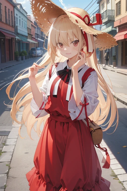 Chisatoniki、Nishikigichisato、Long,bangs blonde、(Akame:1.5)、Hair Ribbon、Single-sided up、a smile,red blush、Long skirt integrated dress,He is wearing a large straw hat.、In the street、BREAK(masterpiece:1.2)、top-quality、hight resolution、Unified 8K wallpapers、(illustratio:0.8)、(beatiful detailed eyes:1.6)、extra detailed face、Perfect litthing、extremely details CG、(perfect hand、perfect anatomia)、