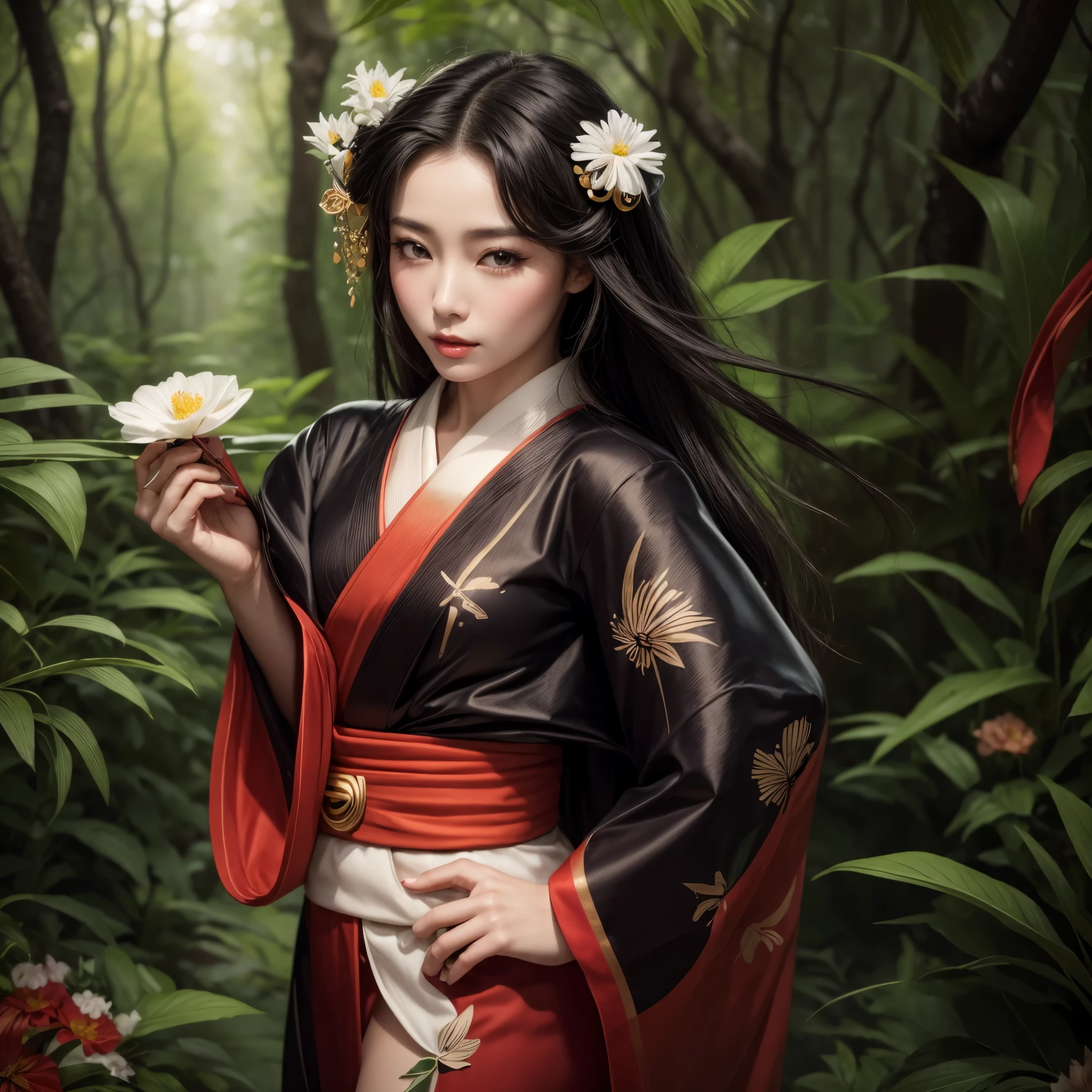 A beautiful geisha with flowing black hair, beautiful eyes, beautiful lips, large firm breasts, with flowers in her hair, wearing a beautiful stylized kimono, holding a flower, posing in a forest full of vegetation, beautiful hyperrealistic forest geisha, city geisha photorealistic spring, a beautiful geisha surrounded by nature of intricate details.