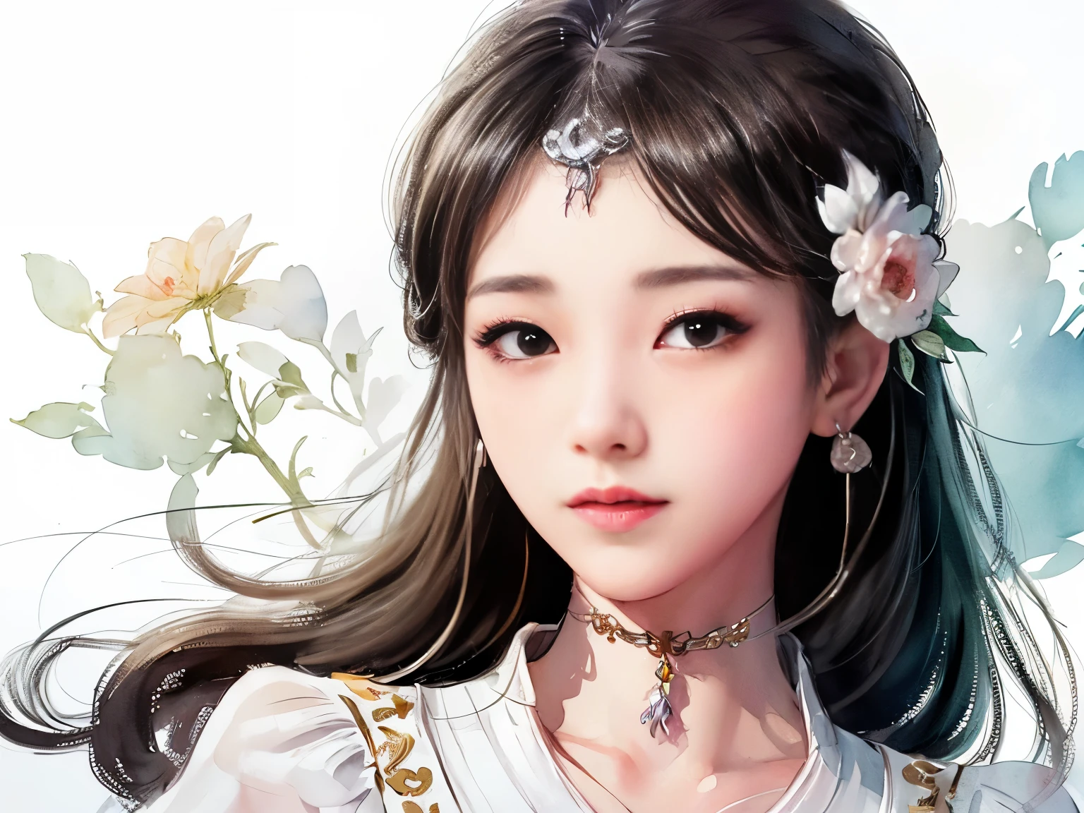 stechu,(white background:1.4), ((tachi-e)), original,(illustration:1.1),(best quality),(masterpiece:1.1),(extremely detailed CG unity 8k wallpaper:1.1), (colorful:0.9),(panorama shot:1.4),(solo:1.2), (ink splashing),(color splashing),((watercolor)), clear sharp focus,{ 1girl standing },((korean style )),flower background,outdoors,rocks, looking at viewer, make happy expressions,soft smile,pure,beautyfull detailed face and eyes,beautyfull intricacy clothing decorative pattern details, black hair,black eyes,colorwater