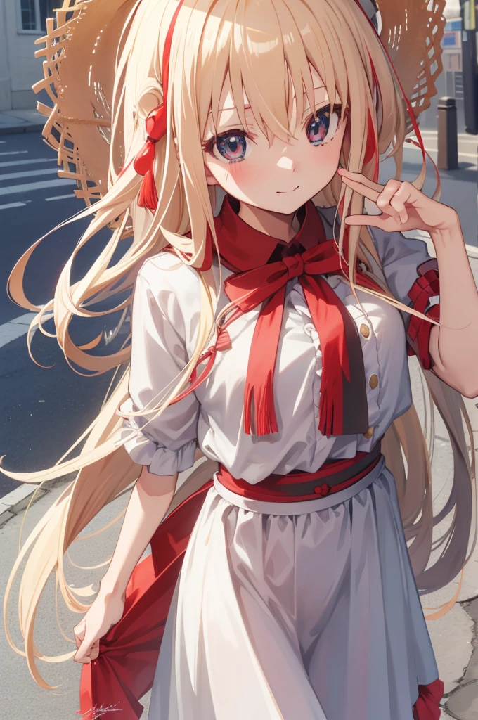 Chisatoniki、Nishikigichisato、Long,bangs blonde、(Akame:1.5)、Hair Ribbon、Single-sided up、a smile,red blush、Long skirt integrated dress,He is wearing a large straw hat.、In the street、BREAK(masterpiece:1.2)、top-quality、hight resolution、Unified 8K wallpapers、(illustratio:0.8)、(beatiful detailed eyes:1.6)、extra detailed face、Perfect litthing、extremely details CG、(perfect hand、perfect anatomia)、