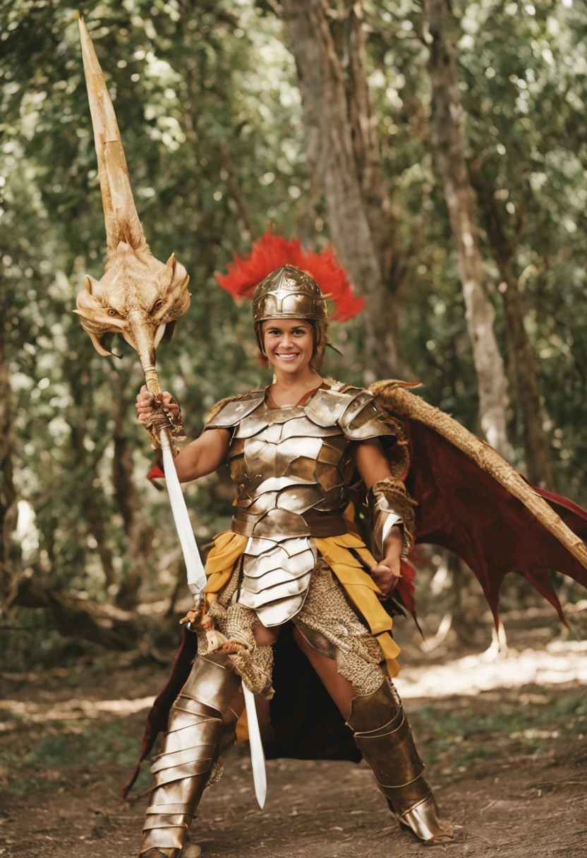 Foto realista de cat cora com 18 anos de idade, dressed as a gladiator smiting a ferocious dragon.