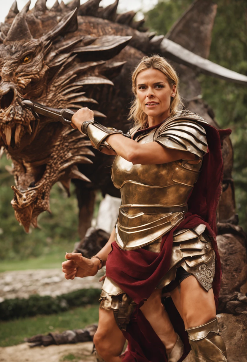 Foto realista de cat cora com 18 anos de idade, dressed as a gladiator smiting a ferocious dragon.