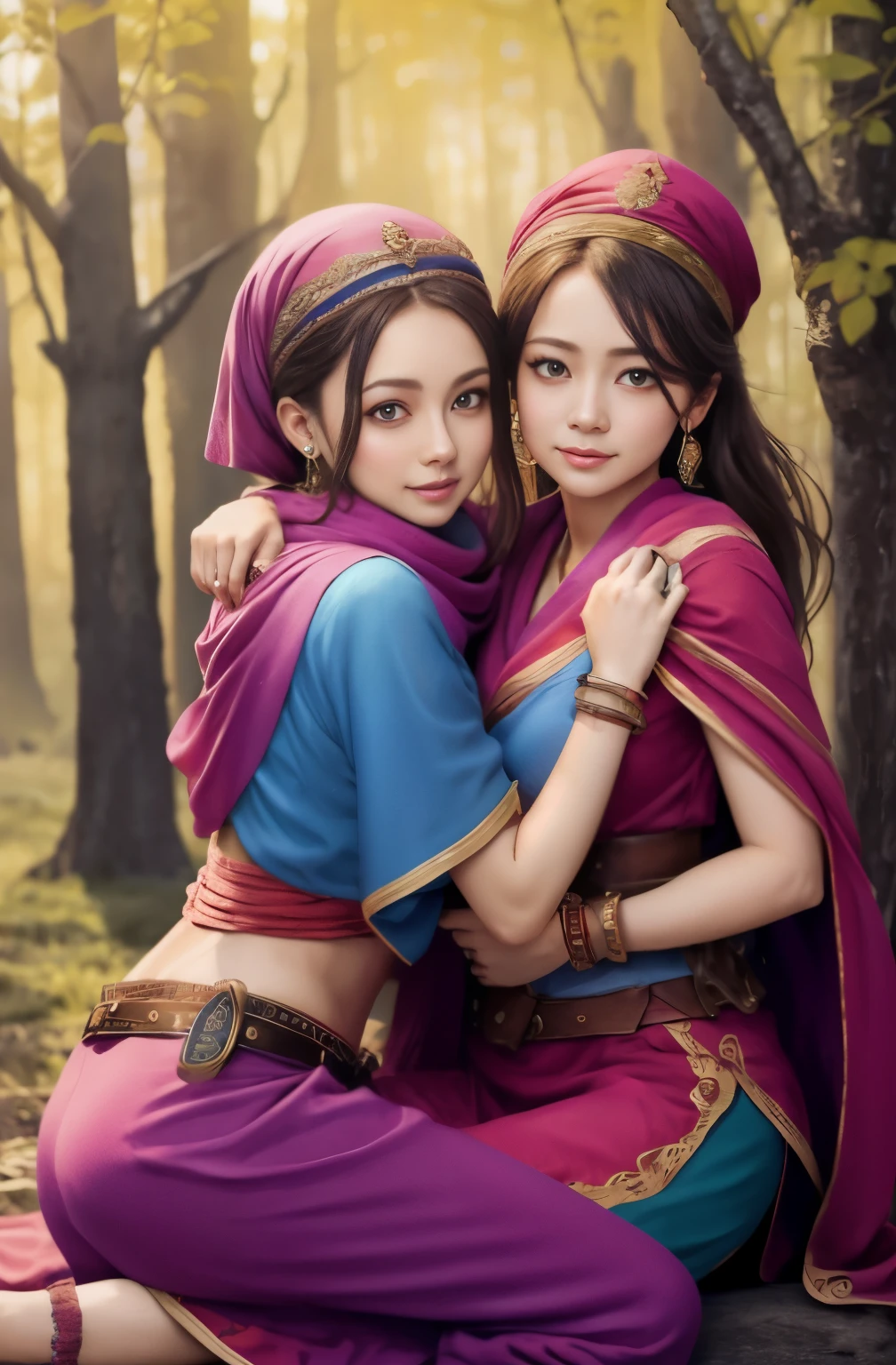 2 girls kneeling,duo,top-quality、Extremely Delicately Beautiful、(Strange blue and red eyes)、arabian clothes 、silber hair、femele、((Brown skin)),Front lens,(Close-up Shot Shot:1.6),best qualtiy,f / 1 HD photography T bokeh,Depth of field macro,