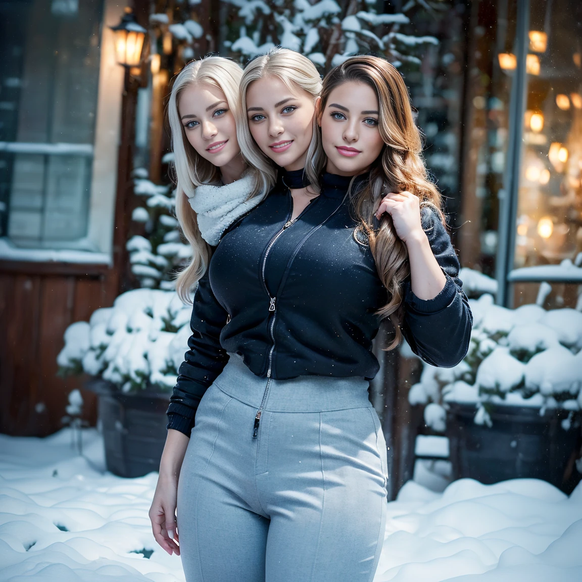 (((3 heads, Best Quality:1.4), (modernity), thick-thighs, wide thighs, but very wide waist)),(obese),(Shot Full Body), 1male, feminine face, hairlong, pulled into a ponytail to one side,独奏, ass pov, Masterpiece, SFW, Stunning , Thick-rimmed glasses, (Standing:1.1), dynamicpose, (бордово-зеленая рубашка с глубоким вырезом и jacket оверсайз с высоким воротником , Black women'jacket :1.4), (tight White trousers for the office, White trousers for the office: 1.4), (((((Big bulge))))),(красно-зеленая jacket: 1.4), (Long Platinum Blonde Hair, pulled into a ponytail to one side), long curly red hair, pulled into a ponytail to one side,Bangs, heart shaped face, Elegant face, beatiful face, freckles, highly detail face, high-detailed skin, pores skin, sub-surface Scattering, (Details of blue eyes), Realistic pupils, no facial hair, no body hair, (((Big bulge))),A loving smile, looking at the audience, Full blush, plump lips, Holding a wallet in your hands, centered, , in the snowy winter courtyard of a typical American winter suburb, windy, Detailed background, Depth of field, atmospheric perspective, voluminous lighting, Clear Focus, Absurd, Realistic Proportion, good anatomy, (Realistic, Hyper-realistic:1.4), 16K HDR,(3 heads)