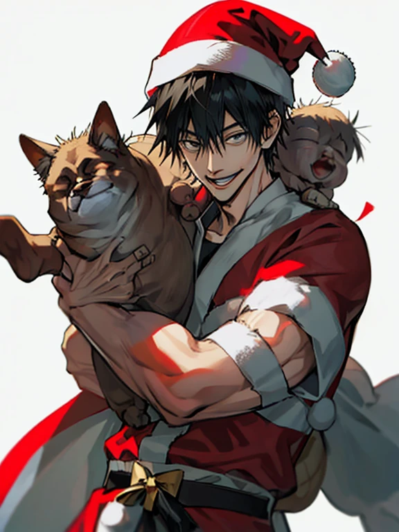 ember性,animesque,hight resolution、hightquality、absurd details、Manga、animesqueのカラーリング、A slight smil、Santa Claus Costume,Santa Claus hat,Christmas present、 ember,Short black hair,enticing,Dramatic Angle,the woods,natta,early evening,Christmas City
