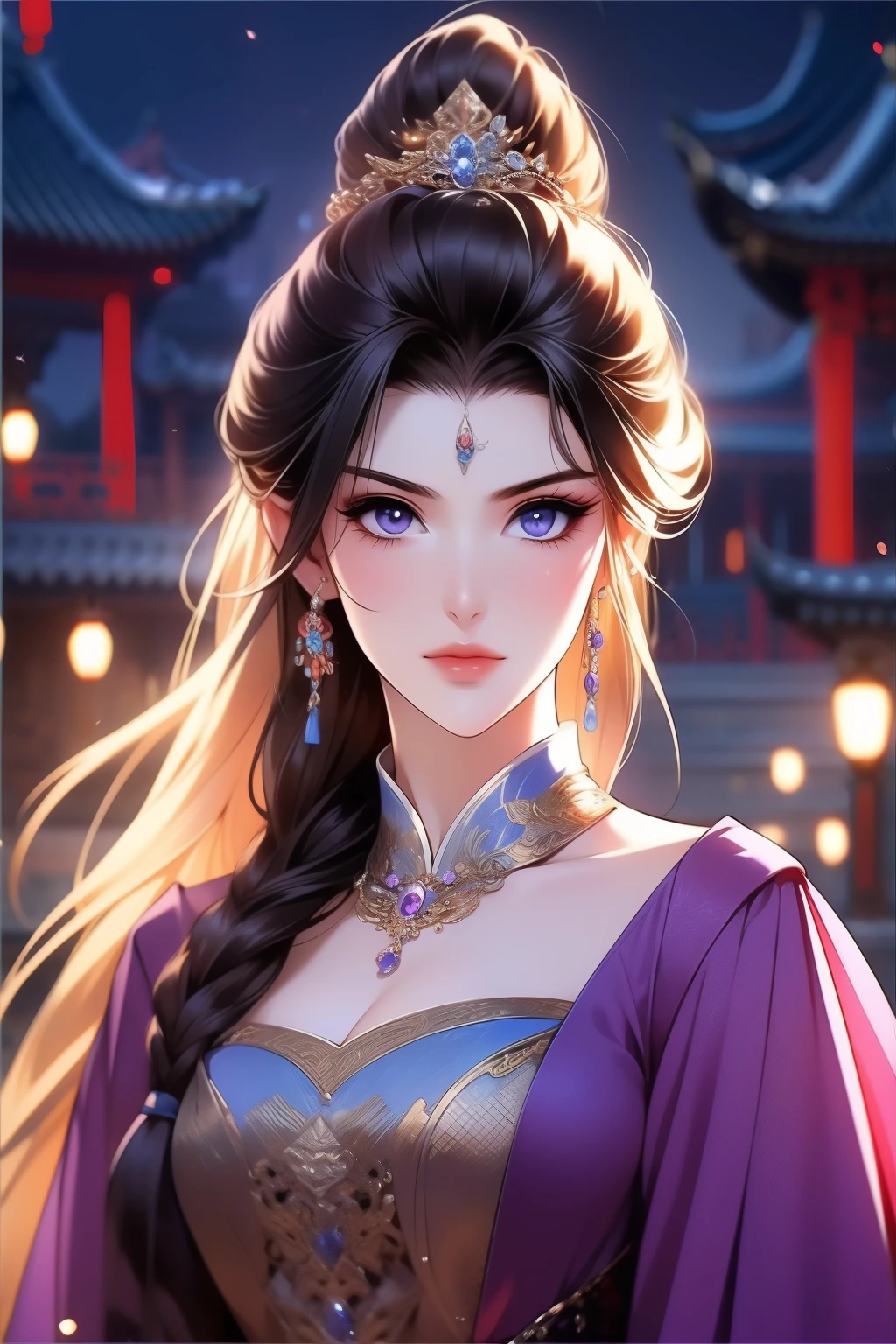 Best quality at best,tmasterpiece,16k,one-girl,Women pay attention to beautiful purple Chinese style clothes,natta,rays of moonlight,Asian architecture,Elaborate Eyes,scowling,worry,Detailed faces,