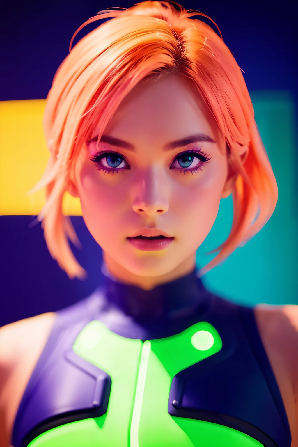 a beautiful lightup purple woman is posing in front of her neon clothing, in the style of dark orange and azure, shallow depth of field, sunny impressionism, light green and red, close-up intensity, photo-realistic techniques, bright and bold color palette --auto
