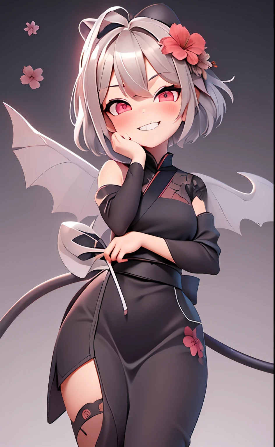 Pixar, 1girl in, Devilish appearance, (short silver hair:1.5), Eyes are red, Reaching out:1.5, blush, (Ahoge:1.2), eyes gentle, (A smile:1.2), Hair Bow, (Black devil wings and tail grow:1.3), Black sheep horns grow, (Black furisode:1.5), (Floral hair ornament:1.3), 独奏, Bangs, femele, Upper body
