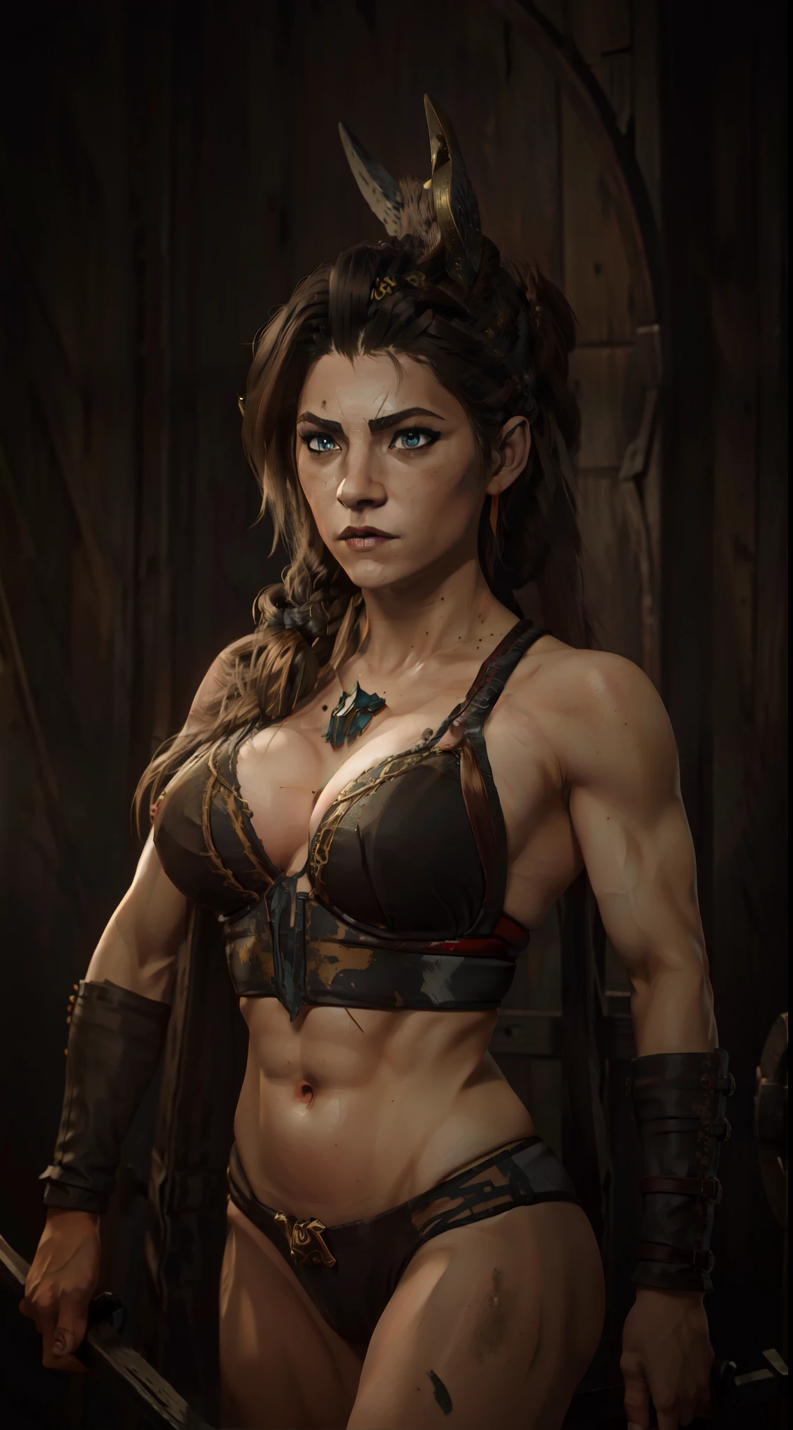(best quality,16k, viking style),vivid colors,studio lighting,sharp focus,physically-based rendering,ultra-detailed,realistic,portrait,long hair,solo,muscular,veins,black hair,yellow eyes,pale skin,strong,abs,huge breast rowing,lace lingerie, extreme details, warrior girl, detailed eyes, perfect breast,muscular body, highly detailed skin texture,