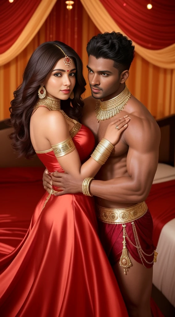 1 muscular very hary, handsome and attractive African man not wearing any shirt with sexy Indian married woman bit chubby wearing a Indian red ridal dress lengha cholli with gold jewellery and red bangles. They are the center of a decorated room with bed in background with satin red bedsheet. Both are hugging pose and there body is toward s the camera which is front. They are present on a satin bedsheet in a decorated room with rose, deep cleavage