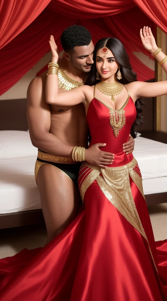 1 muscular very hary, handsome and attractive African man not wearing any shirt with sexy Indian married woman bit chubby wearing a Indian red ridal dress lengha cholli with gold jewellery and red bangles. They are the center of a decorated room with bed in background with satin red bedsheet. Both are hugging pose and there body is toward s the camera which is front. They are present on a satin bedsheet in a decorated room with rose, deep cleavage