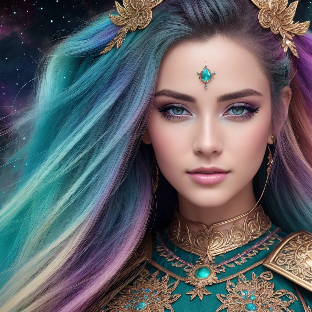 (best quality,4k,8k,highres,masterpiece:1.2),ultra-detailed,(realistic,photorealistic,photo-realistic:1.37),detailed eyes and face,longeyelashes,a girl with rainbow-colored hair and a detailed teal dress adorned with armor,an elaborate pose,a background of rainbow-colored nebulae and galaxies,twinkling stars, intricate details,a perfect face