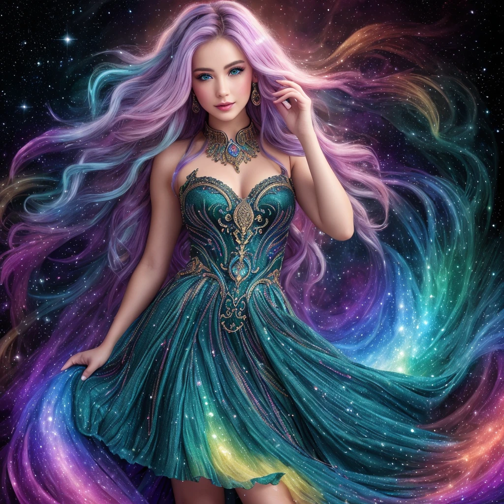 (best quality,4k,8k,highres,masterpiece:1.2),ultra-detailed,(realistic,photorealistic,photo-realistic:1.37),detailed eyes and face,longeyelashes,a girl with rainbow-colored hair and a detailed teal dress adorned with armor,an elaborate pose,a background of rainbow-colored nebulae and galaxies,twinkling stars, intricate details,a perfect face