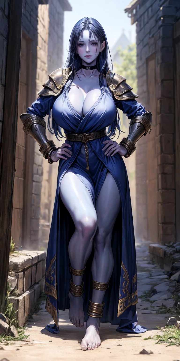 full body, barefoot, solo, female, big breast (realistic portrait of cute mature woman, blue skin), linen tunic, fantasy village, armor, Handcuffs on their hands, With a collar around the neck, hands on hips, slave, ((black choker, shackles on legs and arms))