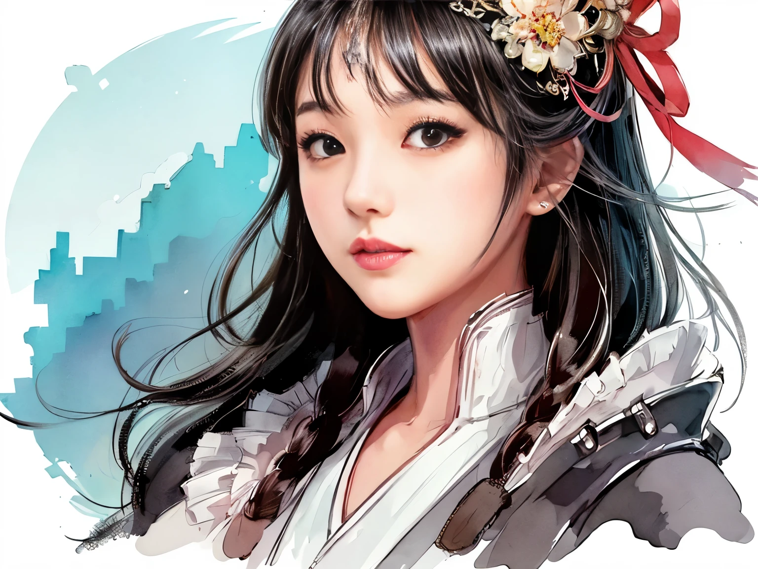 stechu,(white background:1.4), ((tachi-e)), original,(illustration:1.1),(best quality),(masterpiece:1.1),(extremely detailed CG unity 8k wallpaper:1.1), (colorful:0.9),(panorama shot:1.4),(solo:1.2), (ink splashing),(color splashing),((watercolor)), clear sharp focus,{ 1girl standing },((korean style )),flower background,outdoors,rocks, looking at viewer, make happy expressions,soft smile,pure,beautyfull detailed face and eyes,beautyfull intricacy clothing decorative pattern details, black hair,black eyes,colorwater