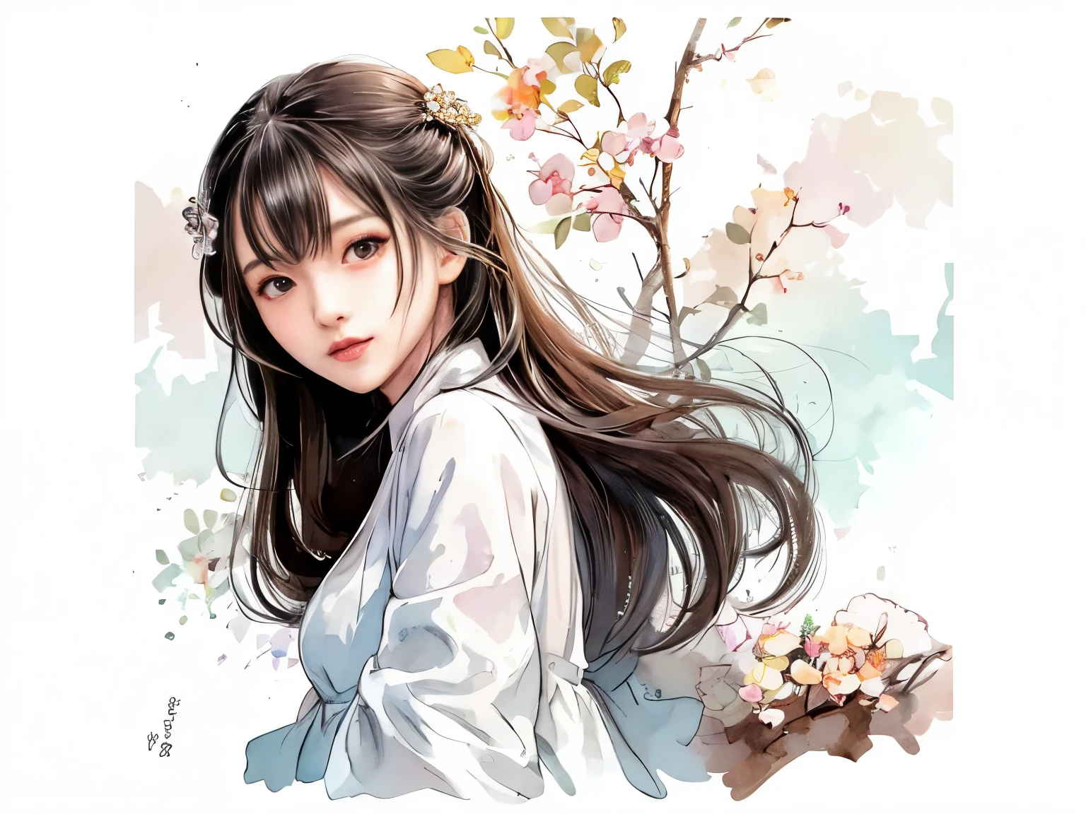 stechu,(white background:1.4), ((tachi-e)), original,(illustration:1.1),(best quality),(masterpiece:1.1),(extremely detailed CG unity 8k wallpaper:1.1), (colorful:0.9),(panorama shot:1.4),(solo:1.2), (ink splashing),(color splashing),((watercolor)), clear sharp focus,{ 1girl standing },((korean style )),flower background,outdoors,rocks, looking at viewer, make happy expressions,soft smile,pure,beautyfull detailed face and eyes,beautyfull intricacy clothing decorative pattern details, black hair,black eyes,colorwater