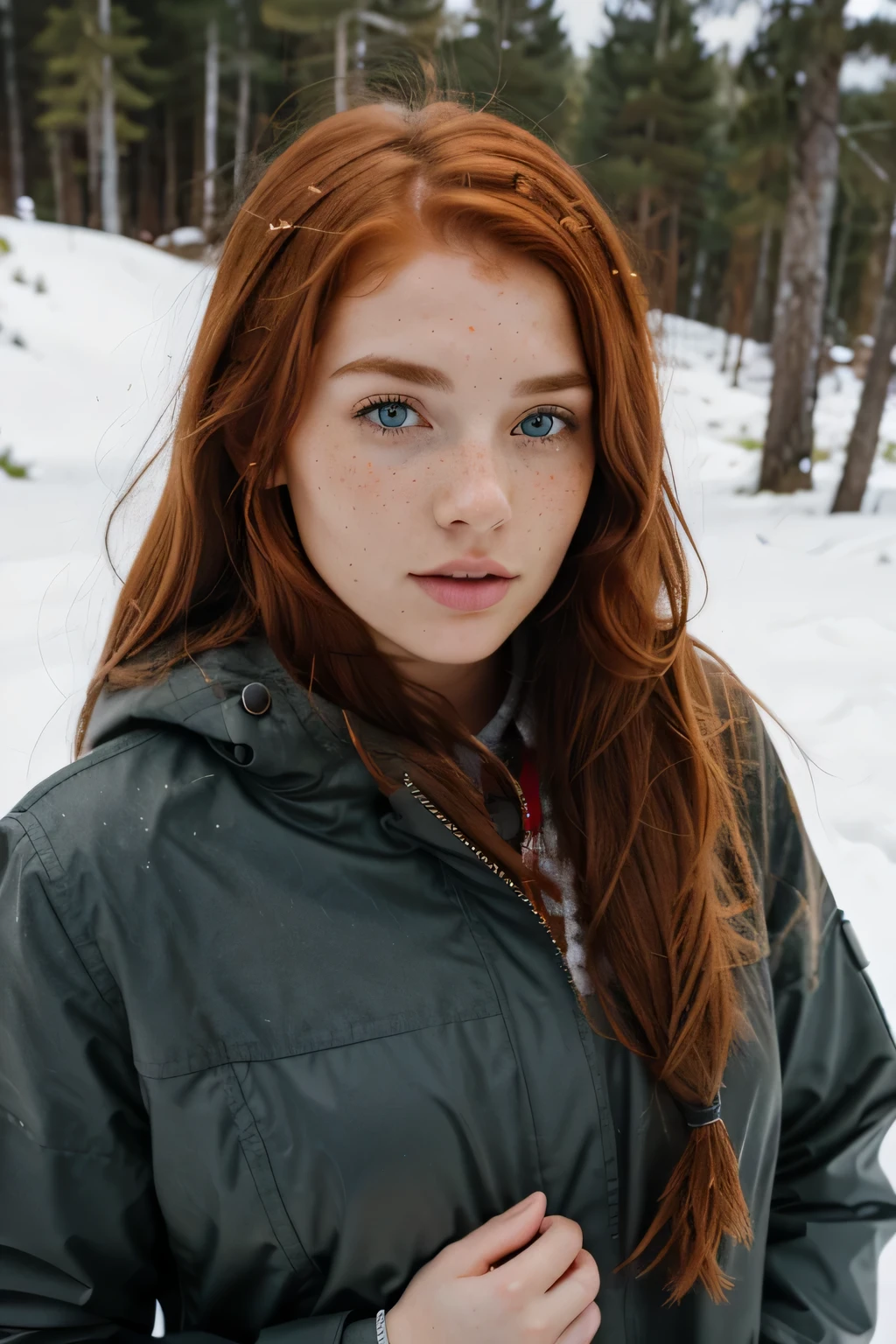 full body picture of woman with long red hair snowboarding with a thick coat, looking in the distance, ginger hair with freckles, red hair and freckles, hint of freckles, very light freckles, woman with freckles, light cute freckles, elegant freckles, with freckles, light freckles, freckles, thin lustrous auburn hair, red hair and attractive features, cute freckles, ellie bamber, soft freckles, soft blue eyes.