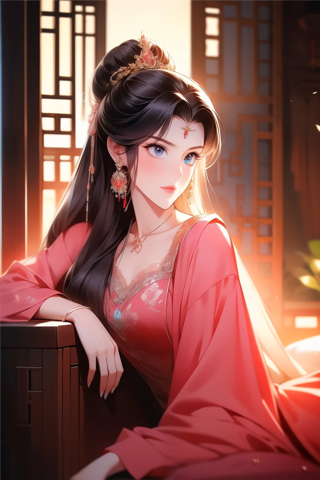 Best quality at best，tmasterpiece，16k,A girl lies in bed，Beautiful pink Chinese style clothes，natta，rays of moonlight，Asian architecture，Elaborate Eyes，window，scowling，worry，Detailed faces，