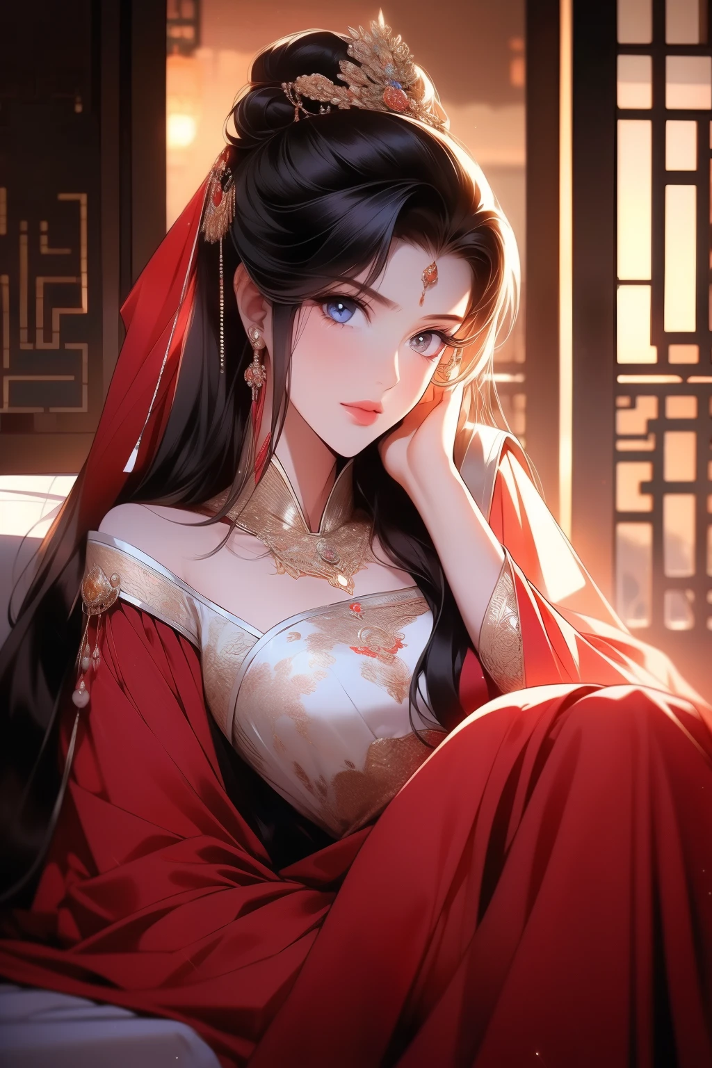 Best quality at best,tmasterpiece,16k,A girl lies in bed,Beautiful pink Chinese style clothes,natta,rays of moonlight,Asian architecture,Elaborate Eyes,window,scowling,worry,Detailed faces,