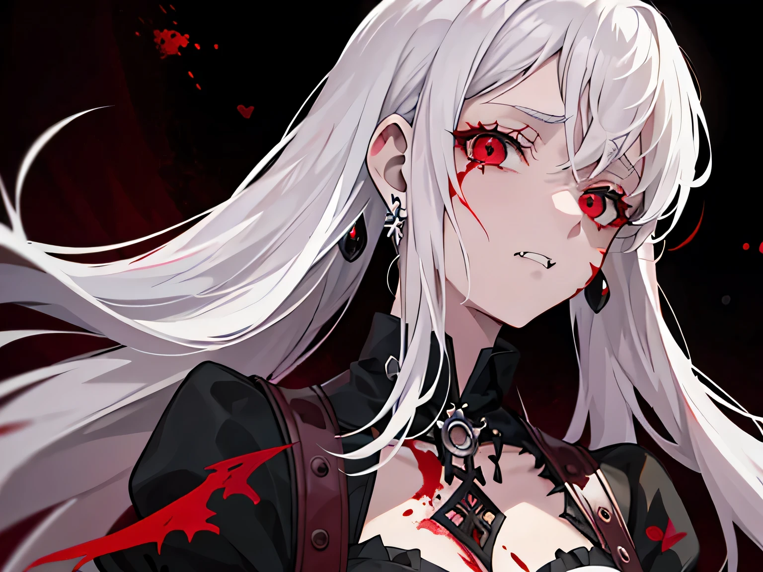 1girl, cana, ojos rojos, un poco de sangre en su cara, goth clothes, pendientes de plata y collar, Mirando hacia abajo, mostrando colmillo, algunos llorando, Vampire aesthetics, Estilo anime de los 90, 8k, ultrasharp, Obra maestra, gothic castle room background