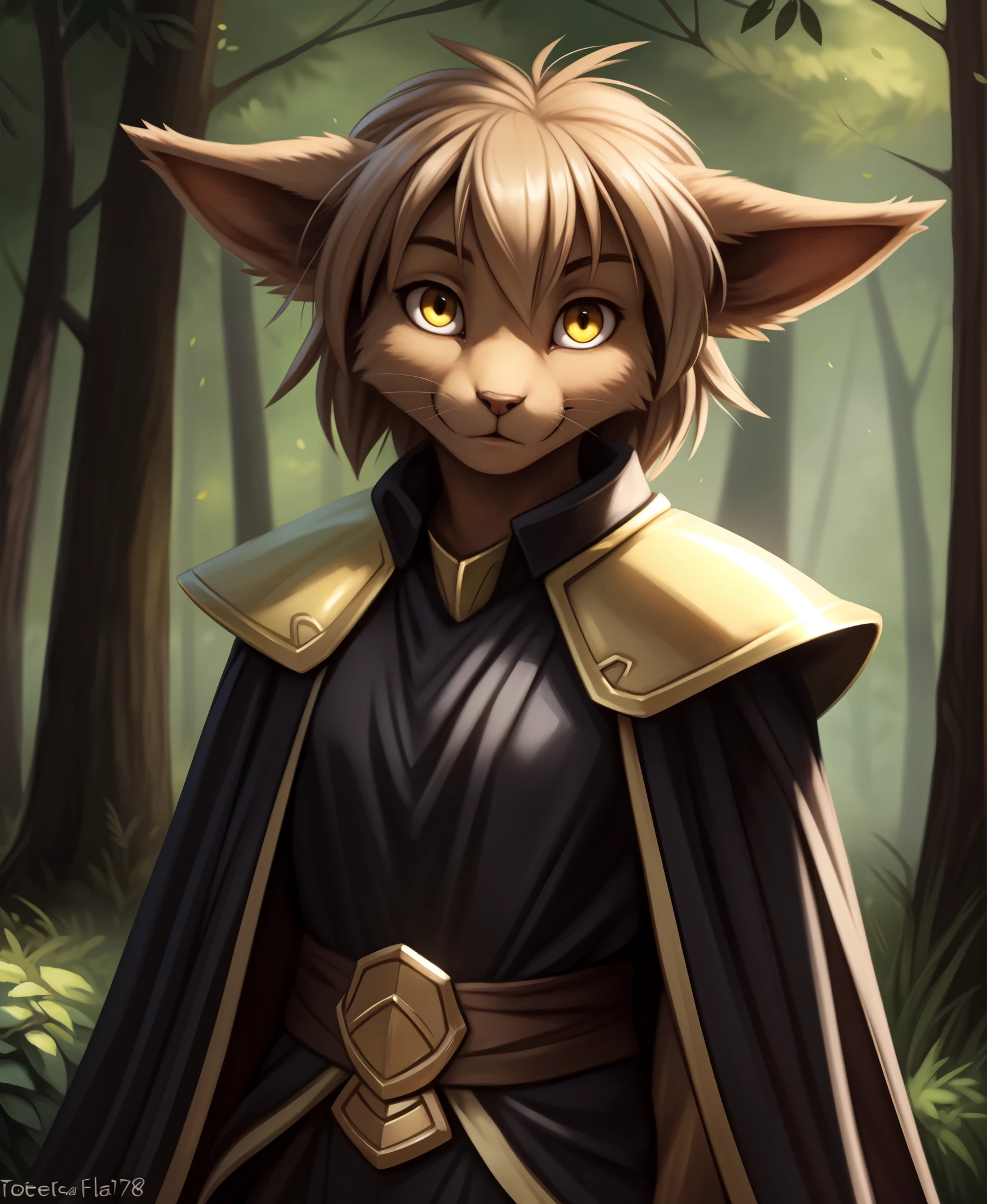 by kenket, by totesfleisch8, (by thebigslick, by silverfox5213:0.8), (by syuro:0.2),,  madelyn-adelaide , Madelyn Adelaide,  twokinds, (best quality, masterpiece:1), solo, furry female anthro, yellow eyes, short hair, light brown hair, portrait, finger claws, looking at viewer, tail, ear raised, medium hair, long ears, (outdoors dark forest trees blurry blurred background:1.1), black shirt, yellow cape,, armor, pauldron, cloak