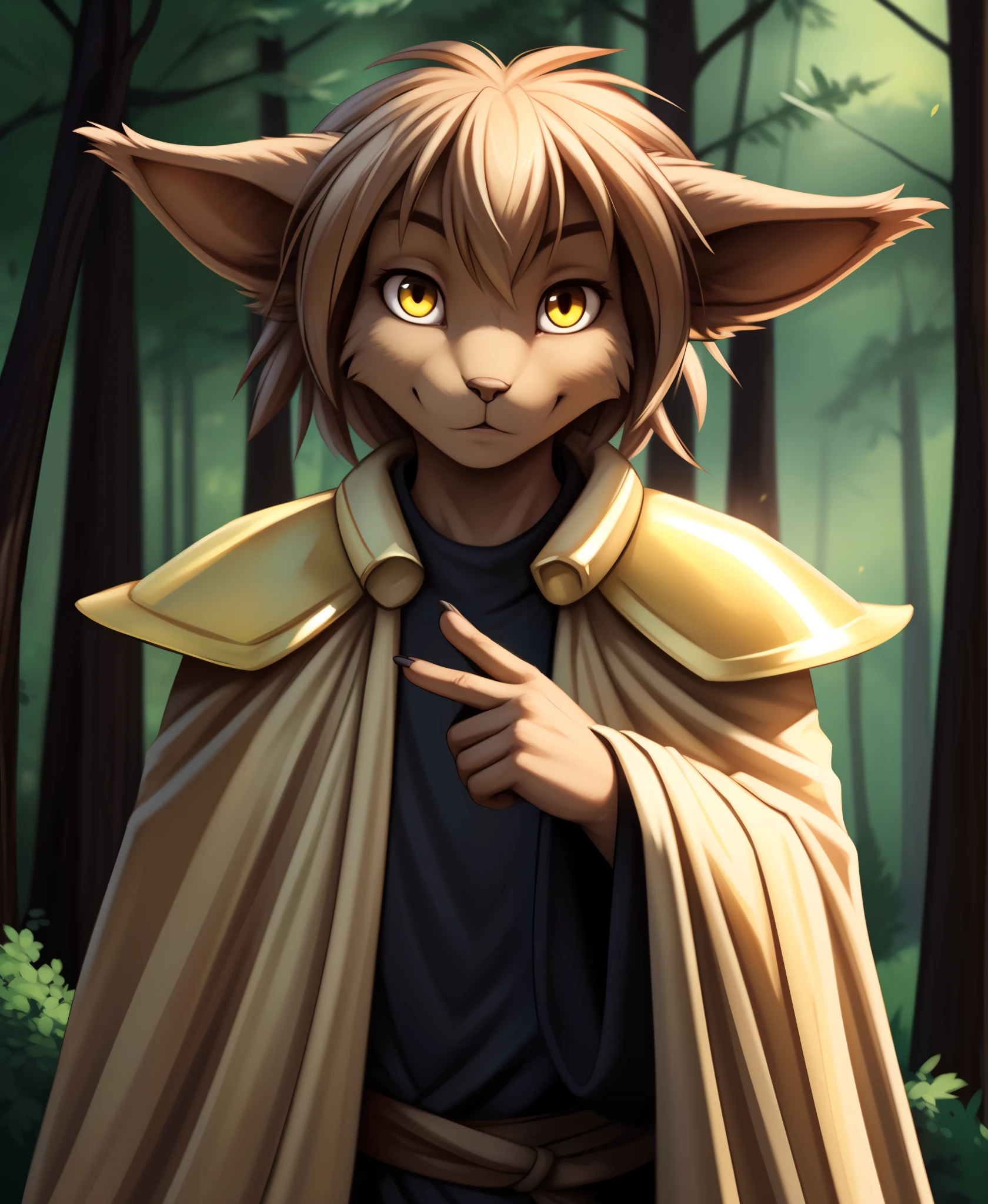 by kenket, by totesfleisch8, (by thebigslick, by silverfox5213:0.8), (by syuro:0.2),,  madelyn-adelaide , Madelyn Adelaide,  twokinds, (best quality, masterpiece:1), solo, furry female anthro, yellow eyes, short hair, light brown hair, portrait, finger claws, looking at viewer, tail, ear raised, medium hair, long ears, (outdoors dark forest trees blurry blurred background:1.1), black shirt, yellow cape,, armor, pauldron, cloak