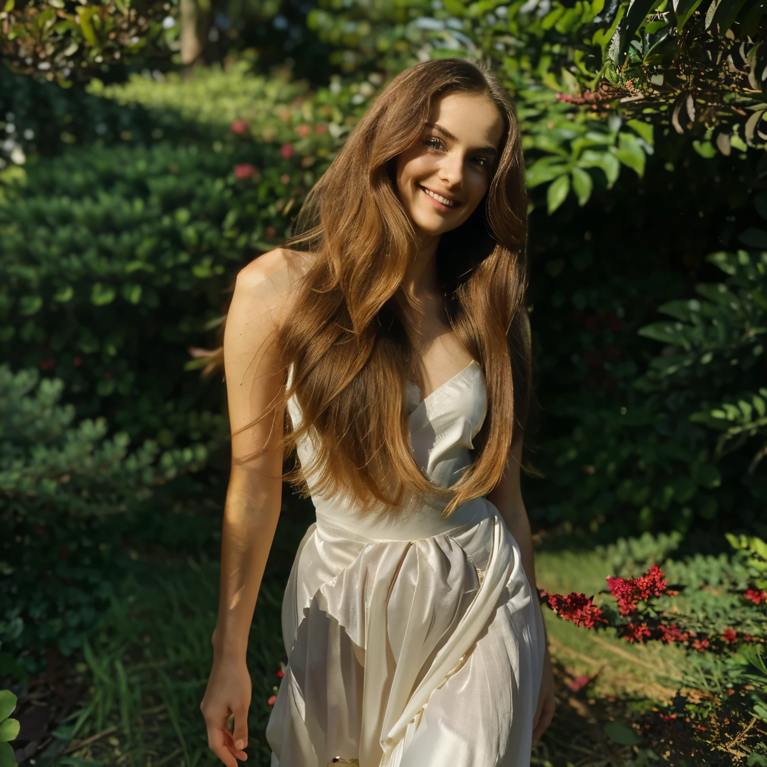At 25, she's a vision of captivating beauty. Silken waves of hair cascade around her striking features, complemented by eyes that reflect both wisdom and a playful allure. Her confident stride exudes grace, and a radiant smile speaks volumes, inviting the gaze to linger on the enchanting details of her captivating appearance. The photo must be of her full body