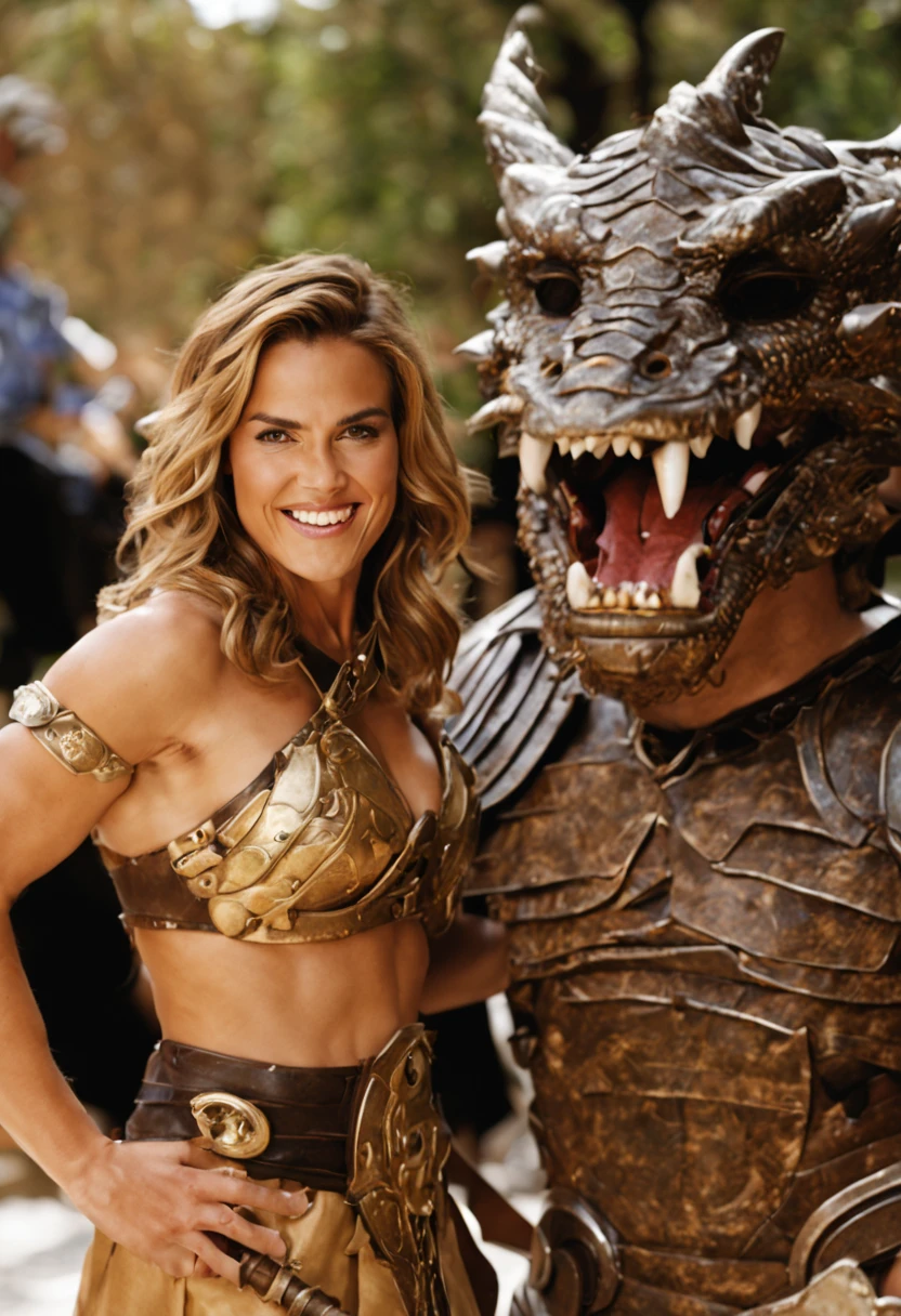 Foto realista de cat cora com 18 anos de idade, dressed as a gladiator smiting a ferocious dragon.