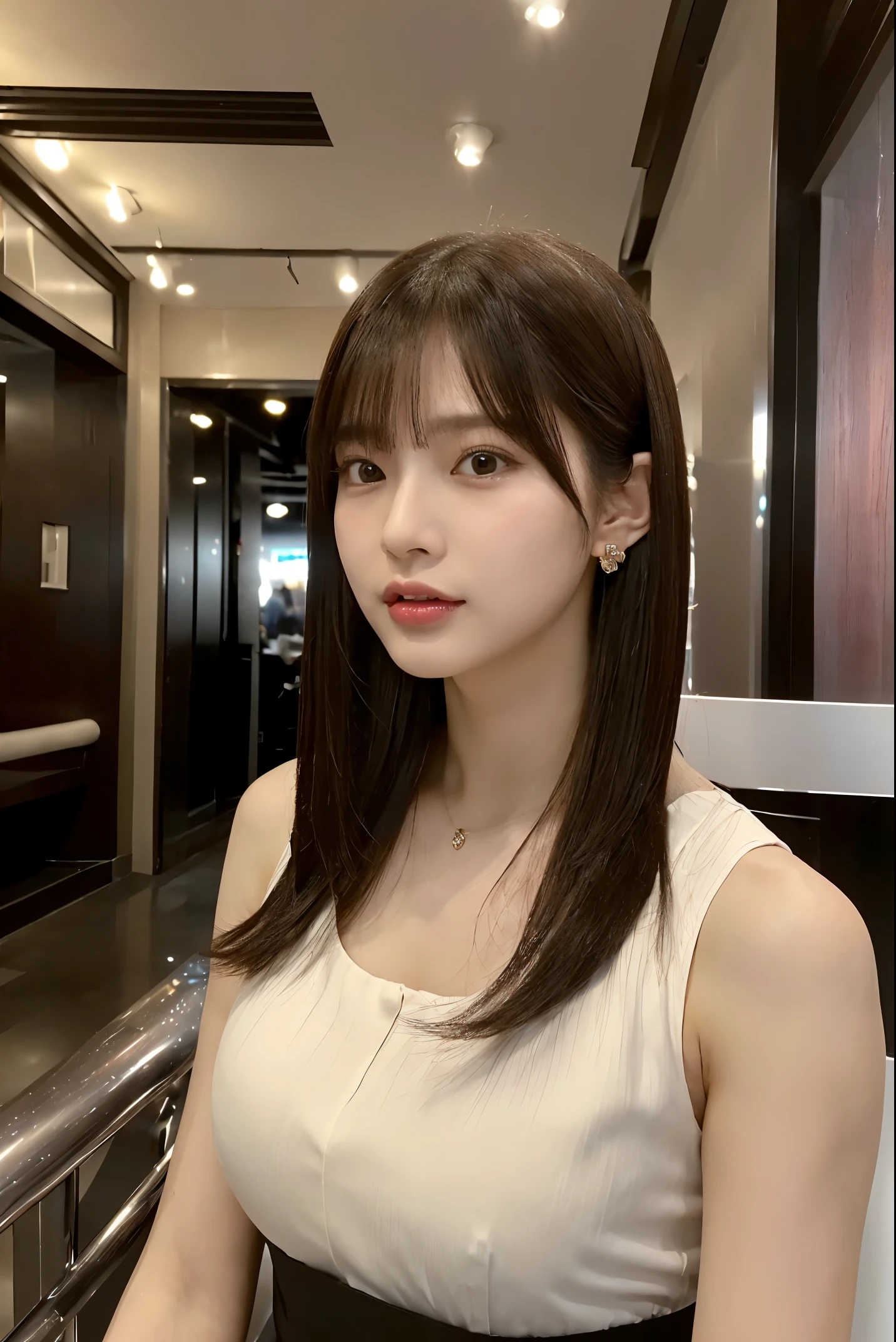 (The ultra -The high-definition:1.5)(ultra-detailliert:1.3) (ultra-quality) (An ultra-high picture quality:1.5) (rialistic photo:1.3) A Japanese Lady 21years old ((detailed and beautiful faces:1.3)) ((realistic skin textures:1.3)) ((Precise, high-quality eyes:1.3)) ((The beauty of detailed and high quality ears:1.3)) ((Beautiful skin that is very fair and transparent:1.3)) ((Beautifully groomed straight short bob hair:1.3))Complete body beautiful proportion (Trendy fashion with thin fabrics) (sleeveless) The background is the inside of a cafe at dusk.. Beautiful depiction, Luxurious and stylish interior ((Happy viewer's eyes)) ((Wet lips ajar:1.3)) Colossal tits unclear ((kawaii)) (Amazingly beautiful high-quality images) ((Girls are always very interested in men's genitals)) front-facing view ((Girls really want sex)) ((girls love sex))(girl wants blowjob now)((girl's pussy gets wet) (girl's pussy is trembling) ((The girl wants to be raped and can't hold back any longer.))