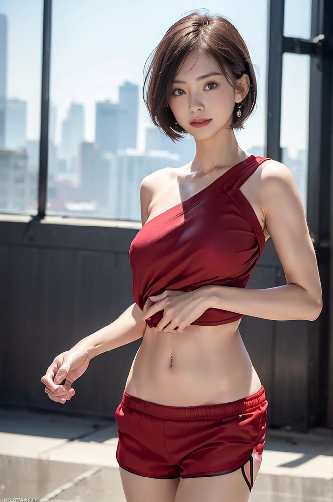 asian teen girl, con cabello corto rosa coral claro, lazo rojo al lado izquierdo del cabello, ojos celestes, pose sexi, desnuda